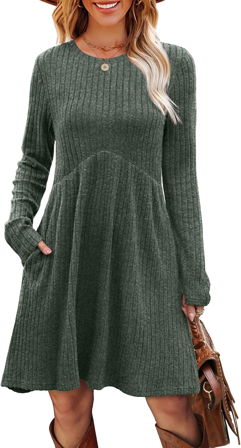 Detalle de OFEEFAN Long Sleeve Dress for Women, Empire Waist, Crew Neck, Pockets