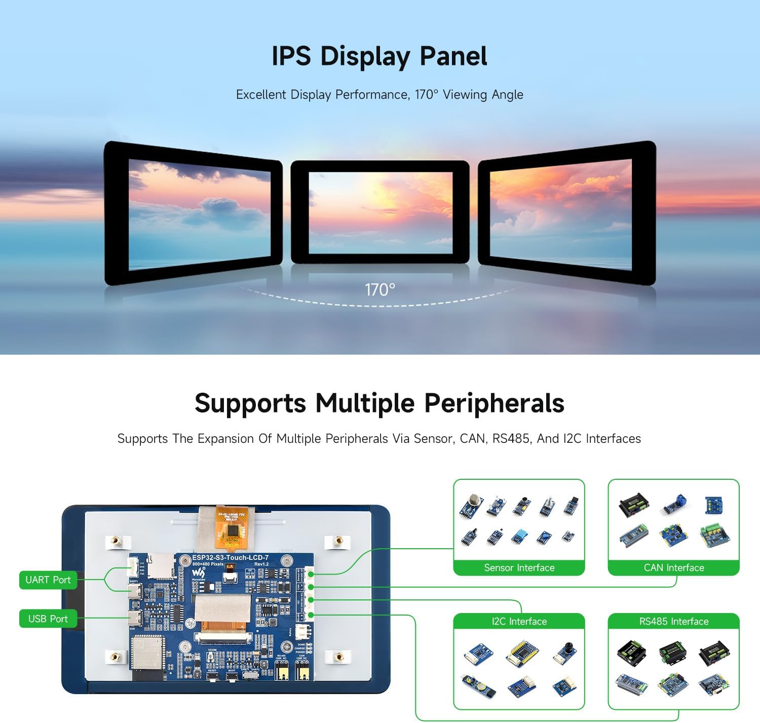 Detalle 1 de WaveShare ESP32-S3-Touch-LCD-7 7インチタッチLCD開発ボード、800×480・5点タッチ対応