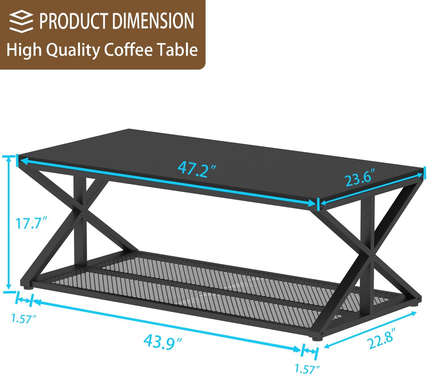 Thumbnail 1 de IBF Tavolino da caffè nero con contenitore a 2 livelli in legno e metallo, tavolo rettangolare industriale