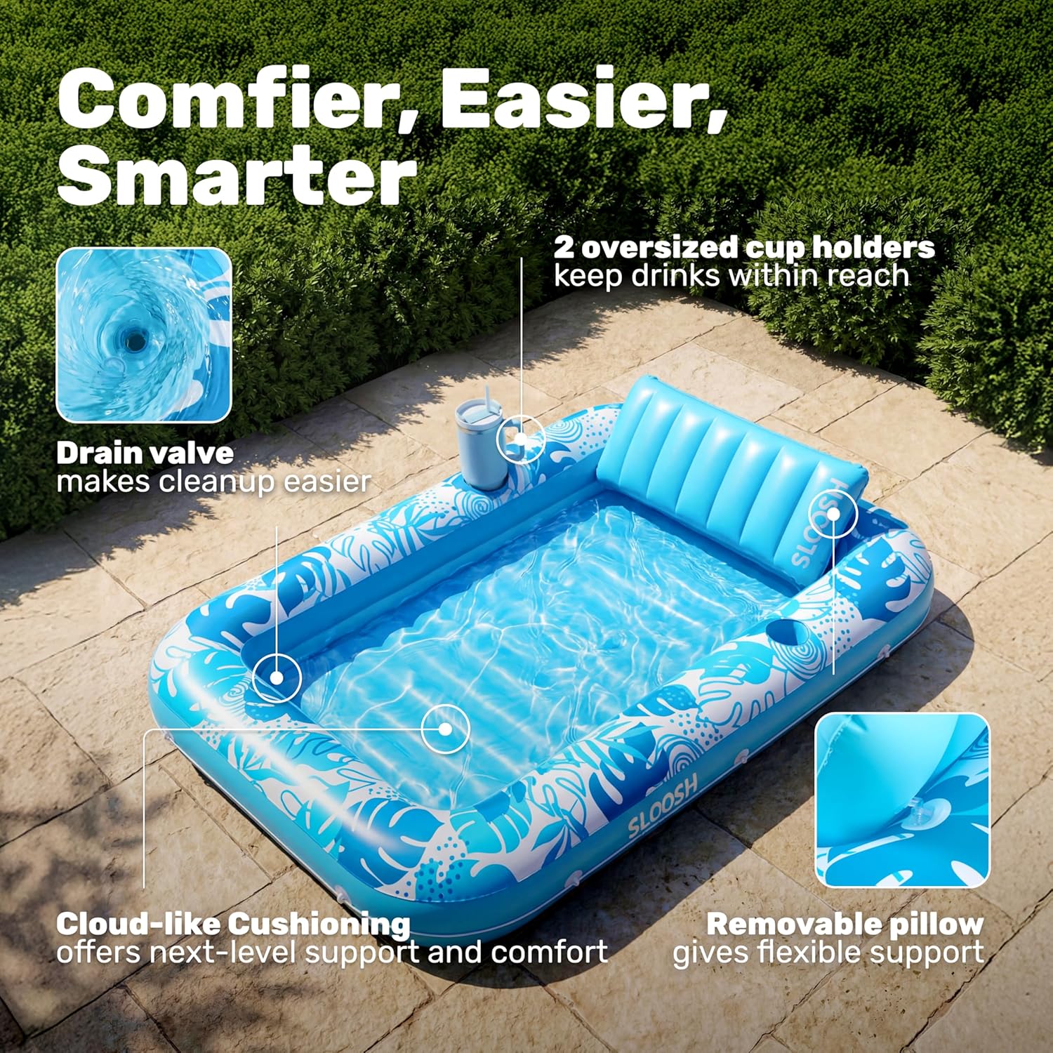 Detalle 2 de SLOOSH Inflatable Tanning Pool Lounger Float – 85" x 57" XL with Pillow, Blue