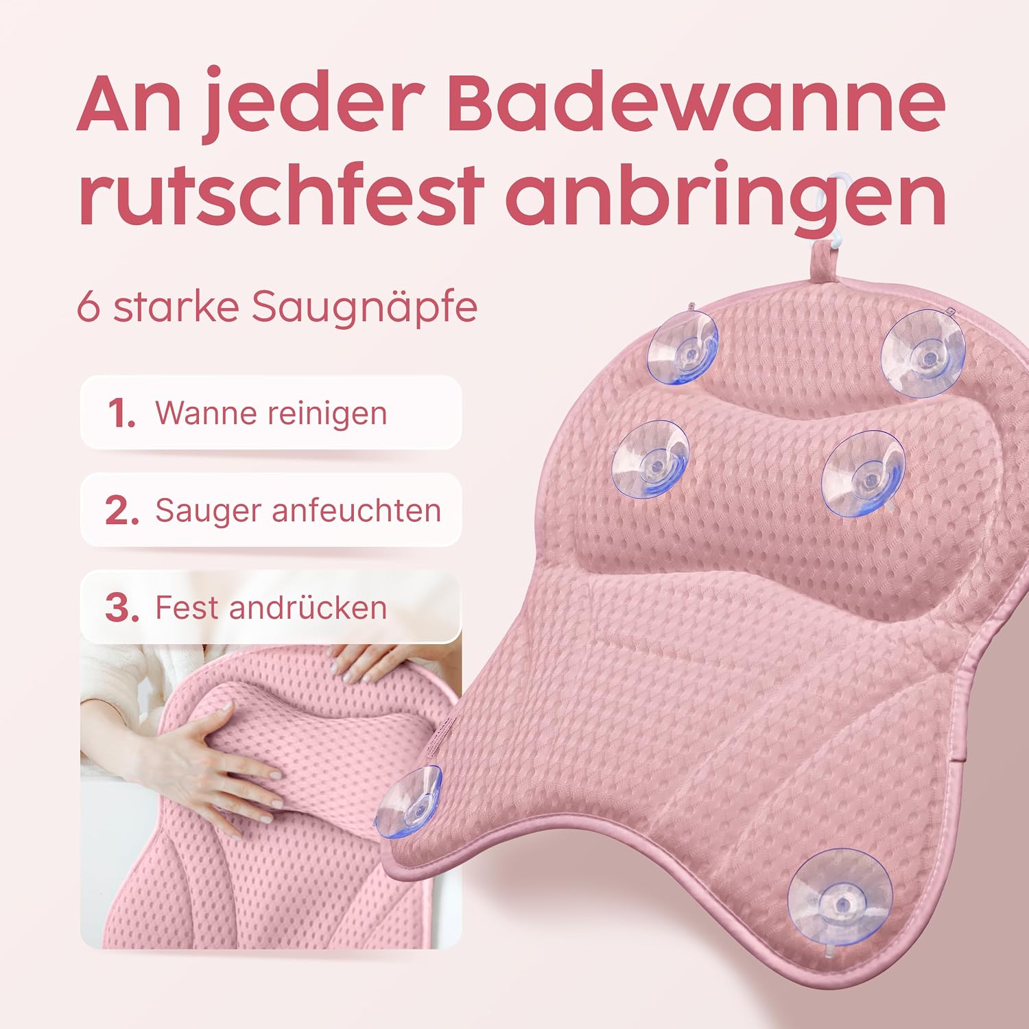 Detalle 2 de Vesta+ Badewannenkissen Rosa L mit Saugnäpfen – Nackenkissen für die Badewanne, Testsieger-Option