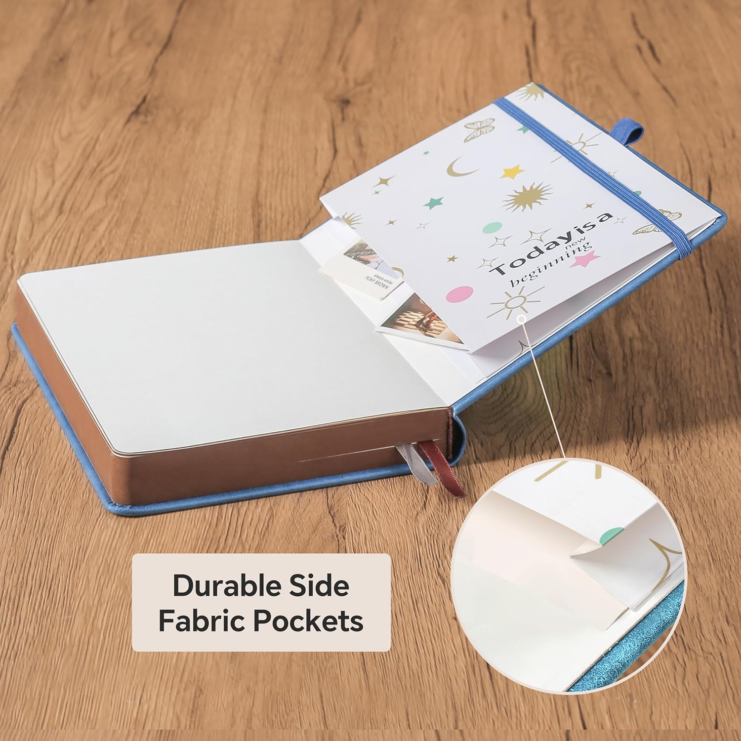 Detalle 2 de HwxBen A5 360-page leather-look journal notebook with vintage sun & moon design (blue)
