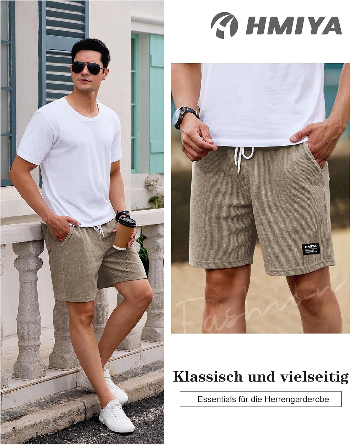 Detalle de HMIYA Corduroy Shorts Herren – Sommerfreizeit mit elastischem Bund, zwei Fronttaschen und Baumwoll-Cord