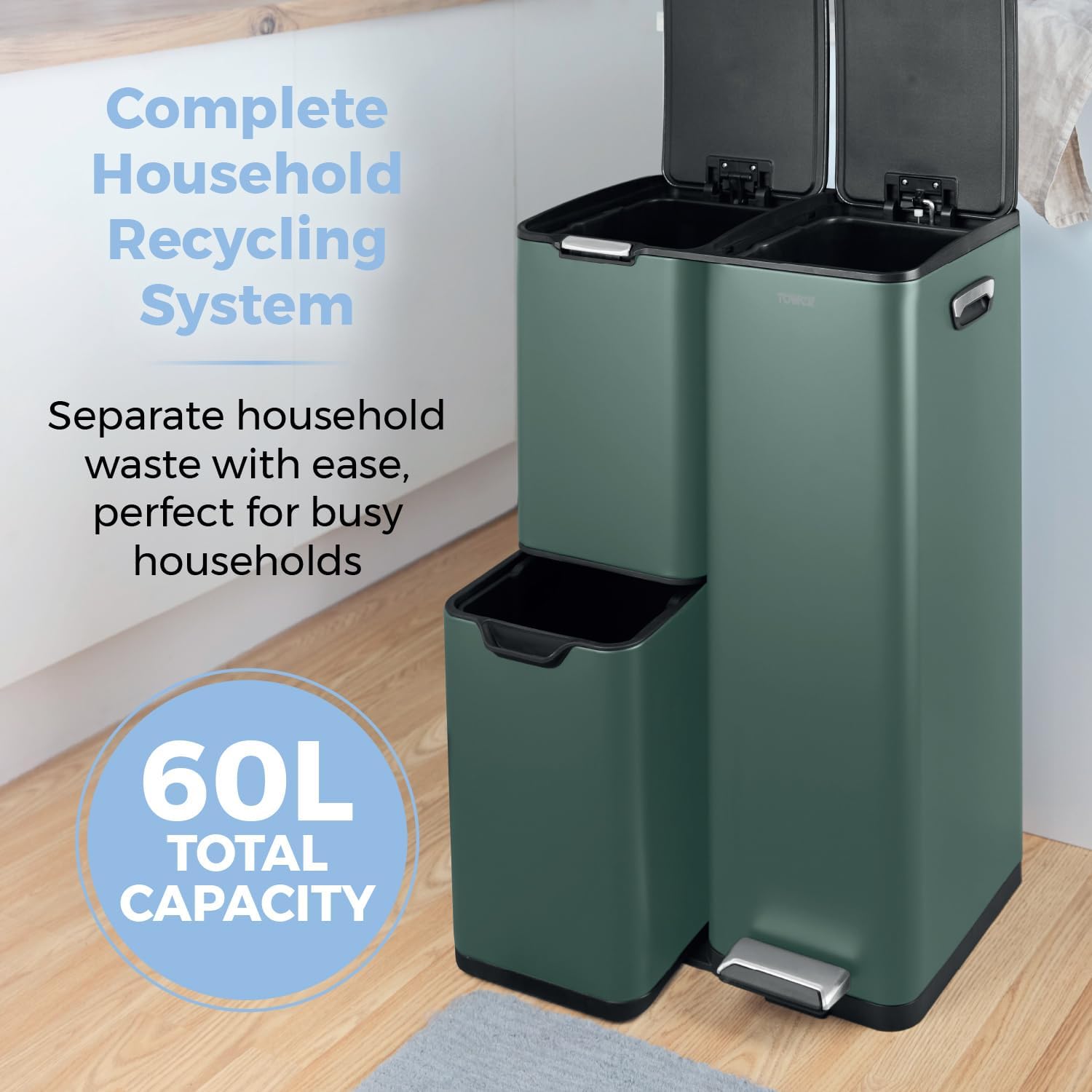 Thumbnail 2 de Tower Recycling Pedal Bin, 60L, Forest Green – Three Compartments with Removable Inner Buckets (T838024FOR)