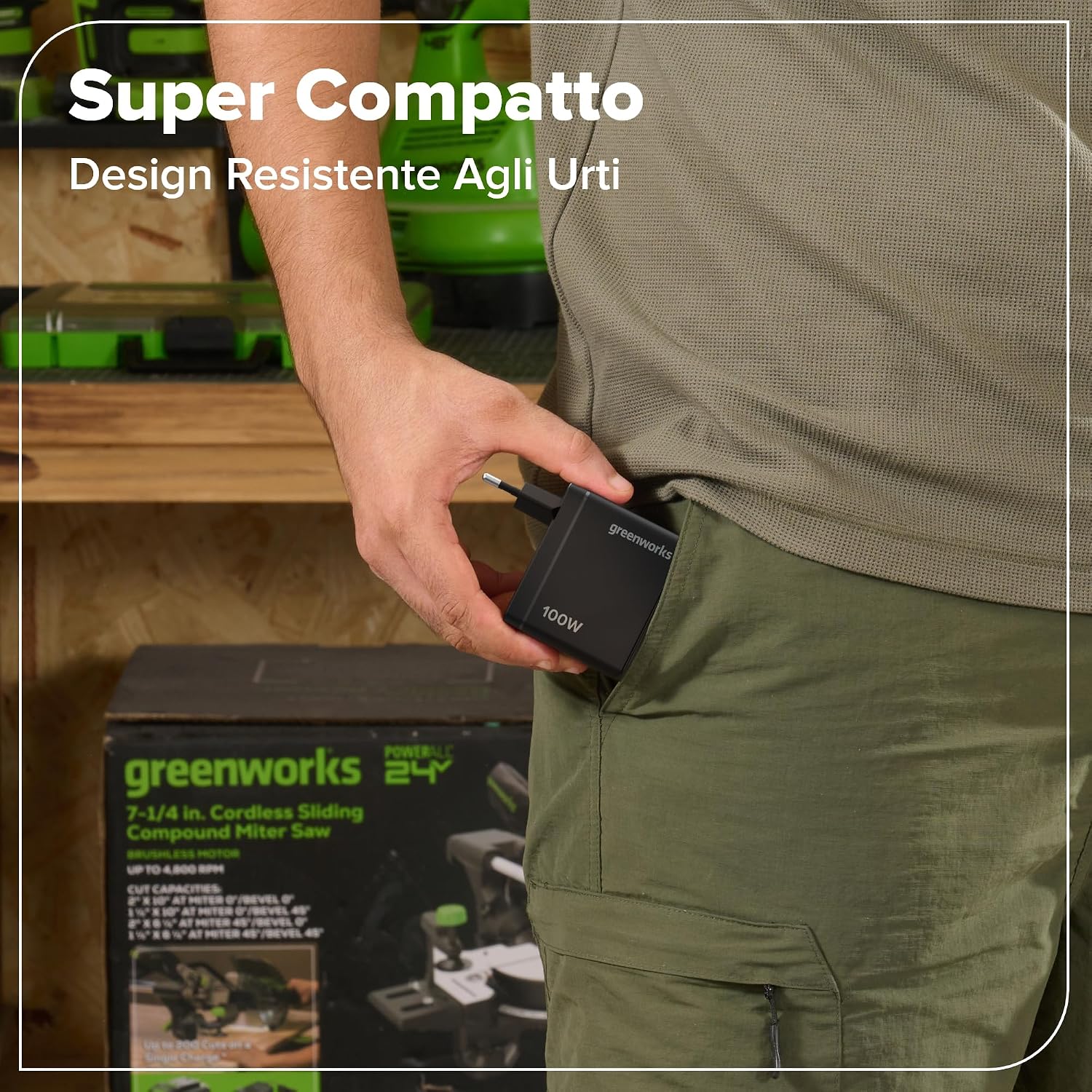 Detalle de Greenworks Caricatore USB‑C rapido 100W con 3 porte PPS – Compatibilità Ampia e Design Compatto