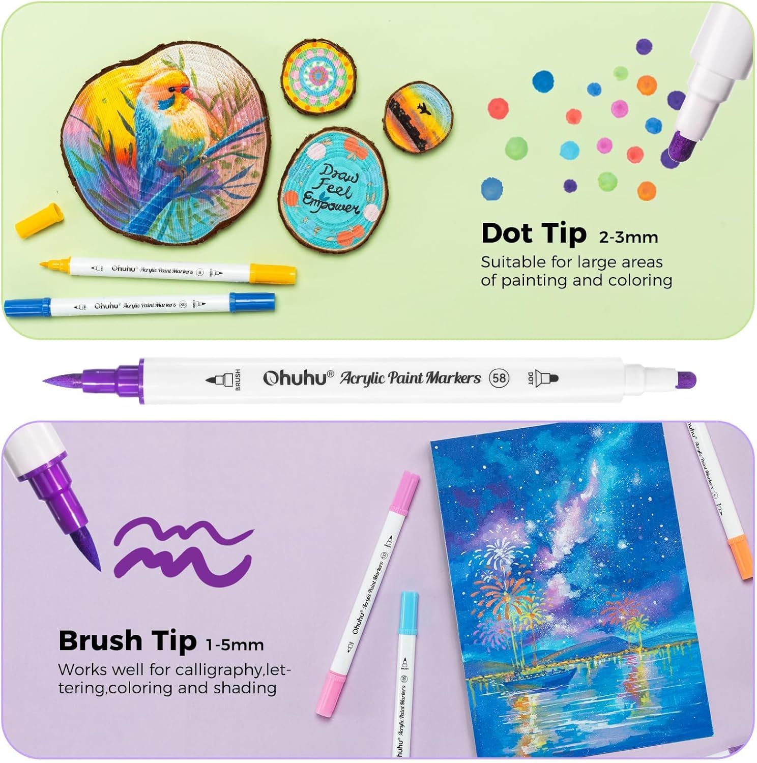Thumbnail 2 de Ohuhu Acrylic Paint Pens (72 Colours) Dual Tips – Brush & Dot acrylic markers for rocks, Easter eggs, wood and more