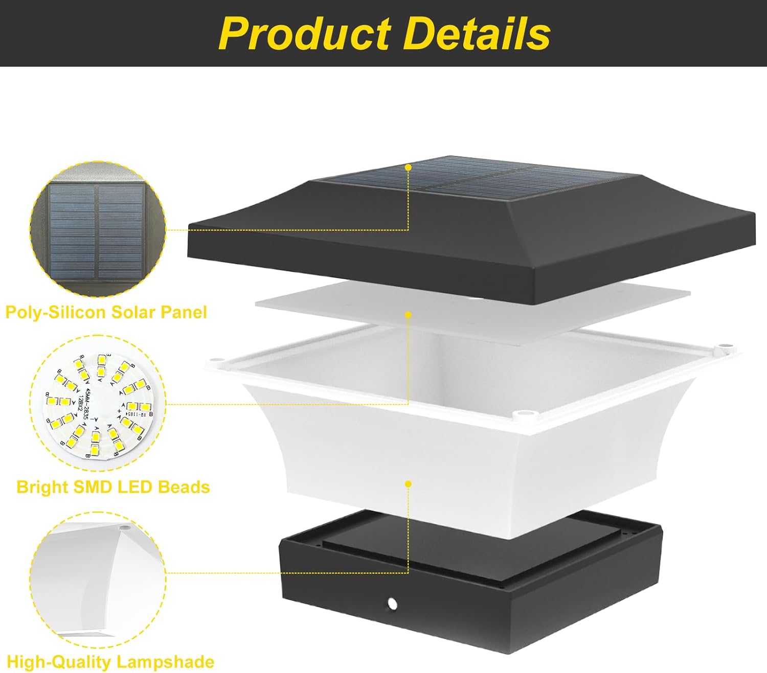 Detalle de ILIKEPOW Solar Pfostenleuchte 10x10, 2 Stück – 6000K Kaltes Weiß, IP65, kabellose Pfostenkappen für Zaun, Garten & Eingang
