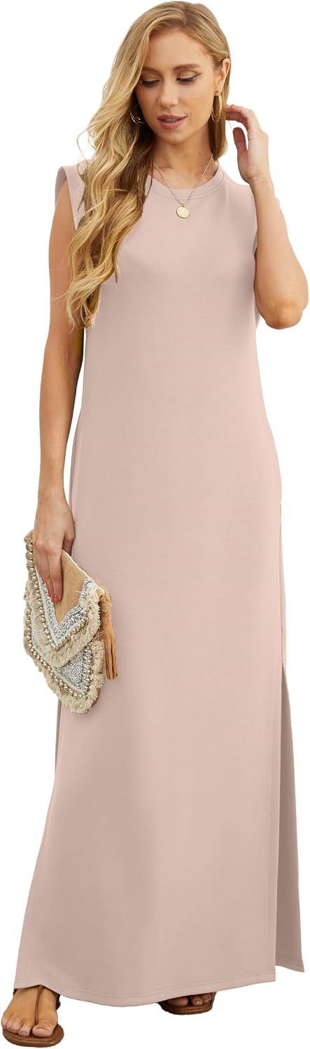 Detalle de GRECERELLE GC8312 Women's Maxi Dress, Round Neck, Side Slit and Pockets