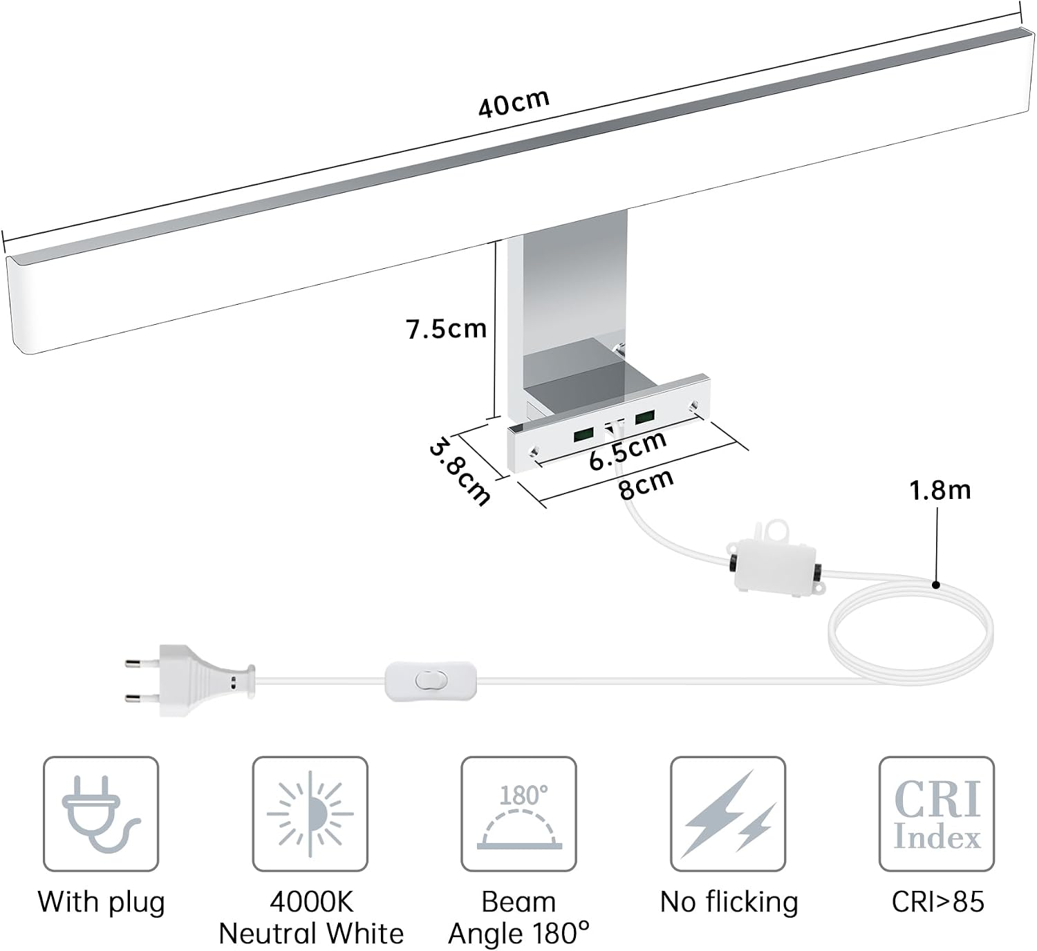 Thumbnail 1 de Azhien LED Badezimmer Spiegelleuchte 40 cm 10W Neutralweiß 4000K – 820 lm, Stecker, 3-in-1 Montage