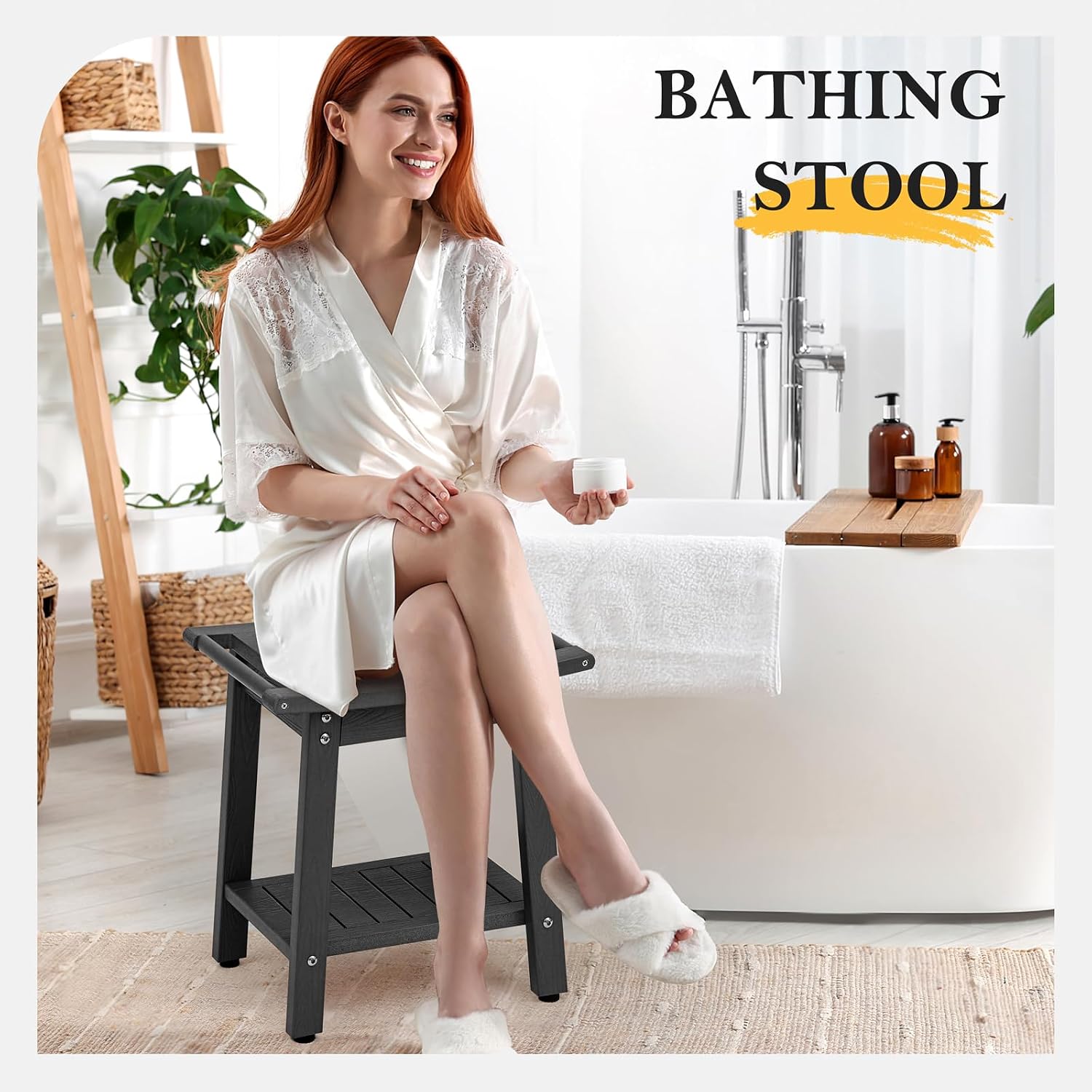 Detalle 2 de WISHCII HDPE Shower Bench Seat, HIPS Chair with Storage Shelf and Towel Rack