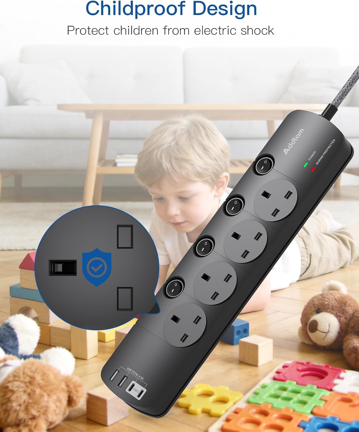Detalle de Addtam Extension Lead 1.8m with 4 Outlets and 4 USB Ports (2x Type-C, 2x USB-A) and 1050J Surge Protection, Black