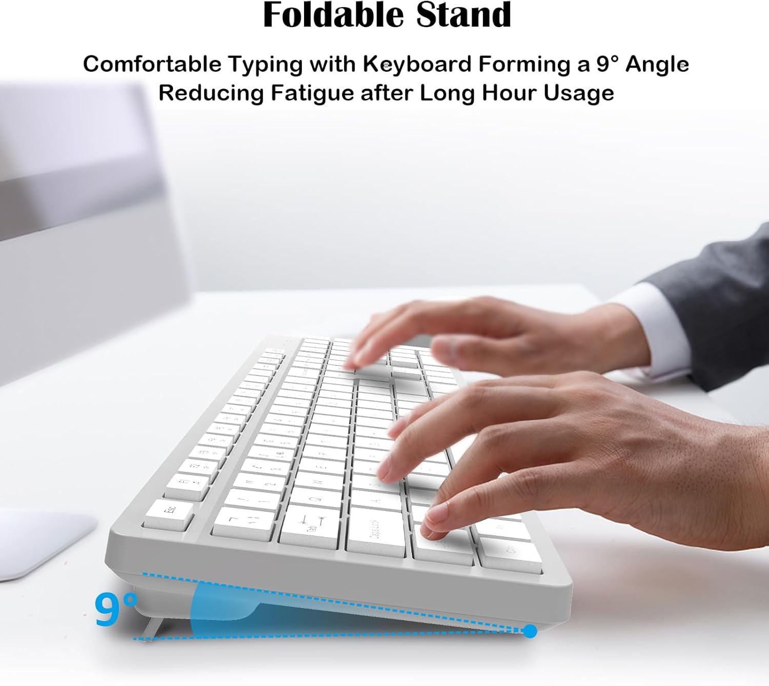 Detalle de LeadsaiL Wireless Keyboard and Mouse Set (UK layout) – Full Size, Ergonomic Stand, Noiseless Click, 12 Shortcuts, White & Grey