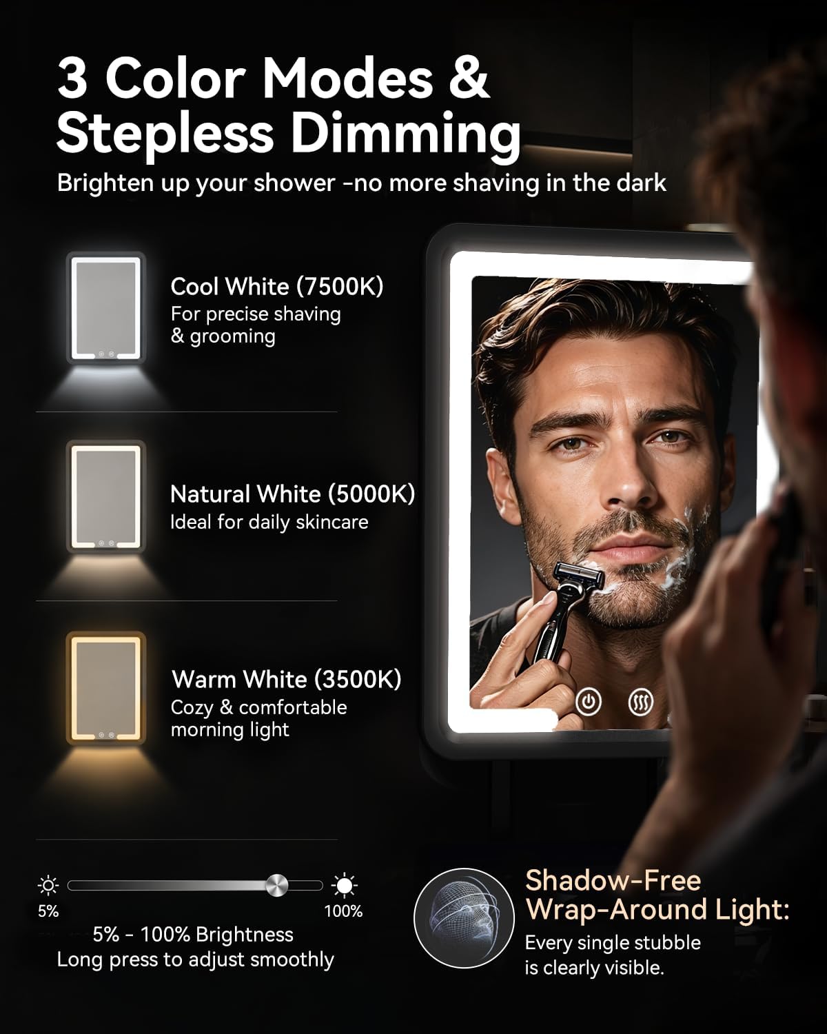 Detalle de DeLanges Heated Fogless LED Shower Mirror with 3 Dimmable Lights, Rechargeable Battery & Drill-Free Mount