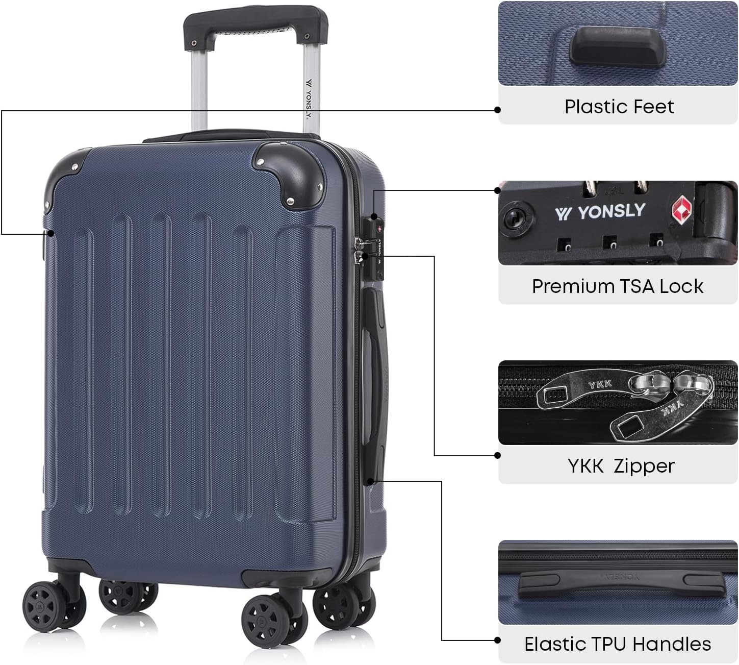 Detalle de YONSLY Premium Reisekoffer XL mit TSA-Schloss, YKK-Reißverschluss und austauschbaren Rollen – Dunkelblau