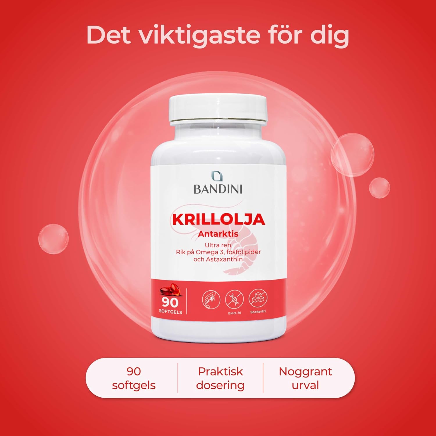Detalle 2 de BANDINI krillolja 3000 mg – omega-3 med EPA, DHA och astaxantin, 90 kapslar