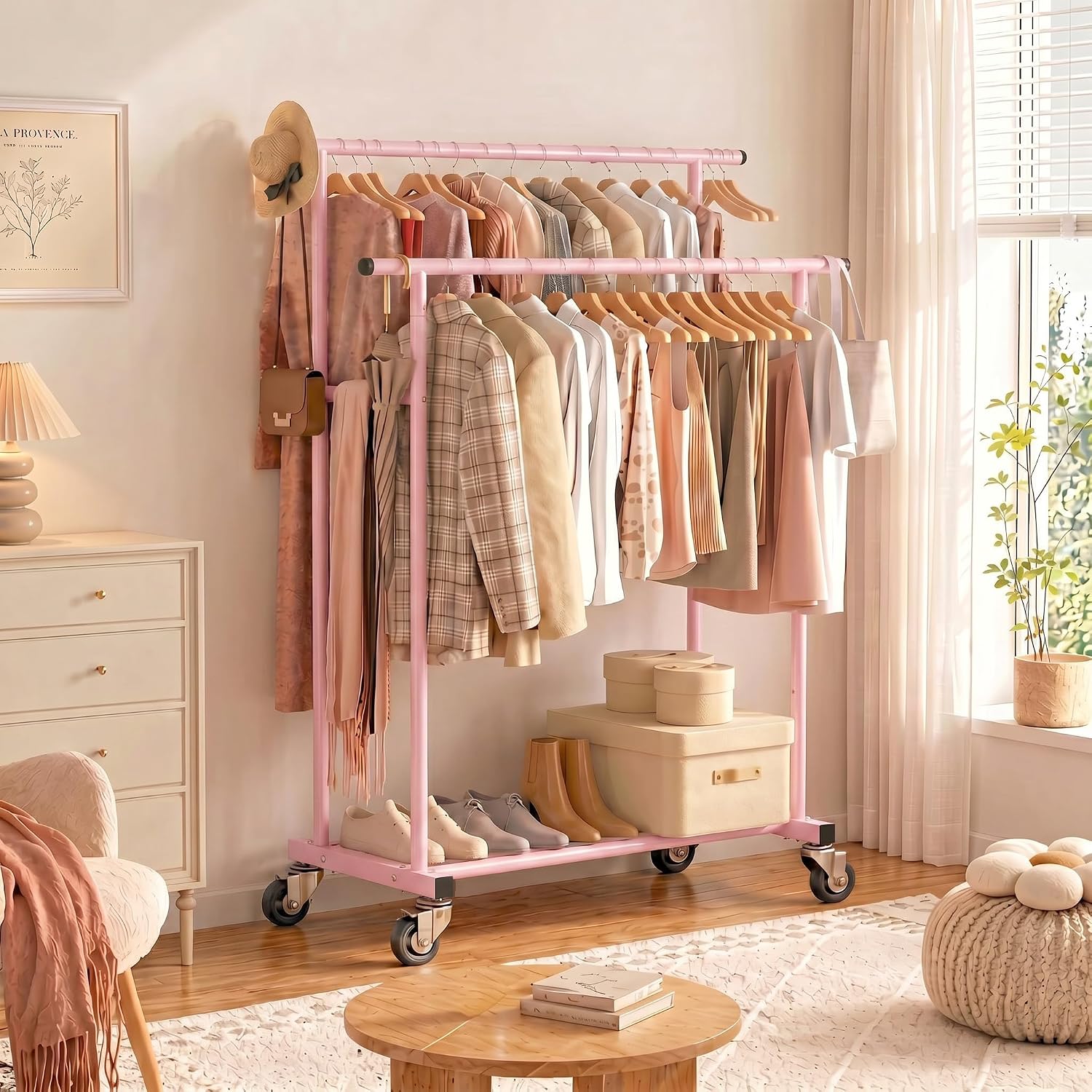 Detalle de Calmootey Rolling Garment Rack, Double-Rod Pink Metal Clothes Organizer