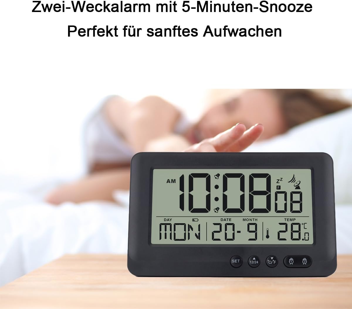 Thumbnail 4 de Teepacioka Funkwecker Digital mit Automatischer Zeit-Synchronisation, 5-Minuten-Snooze und Temperaturanzeige – Schwarz