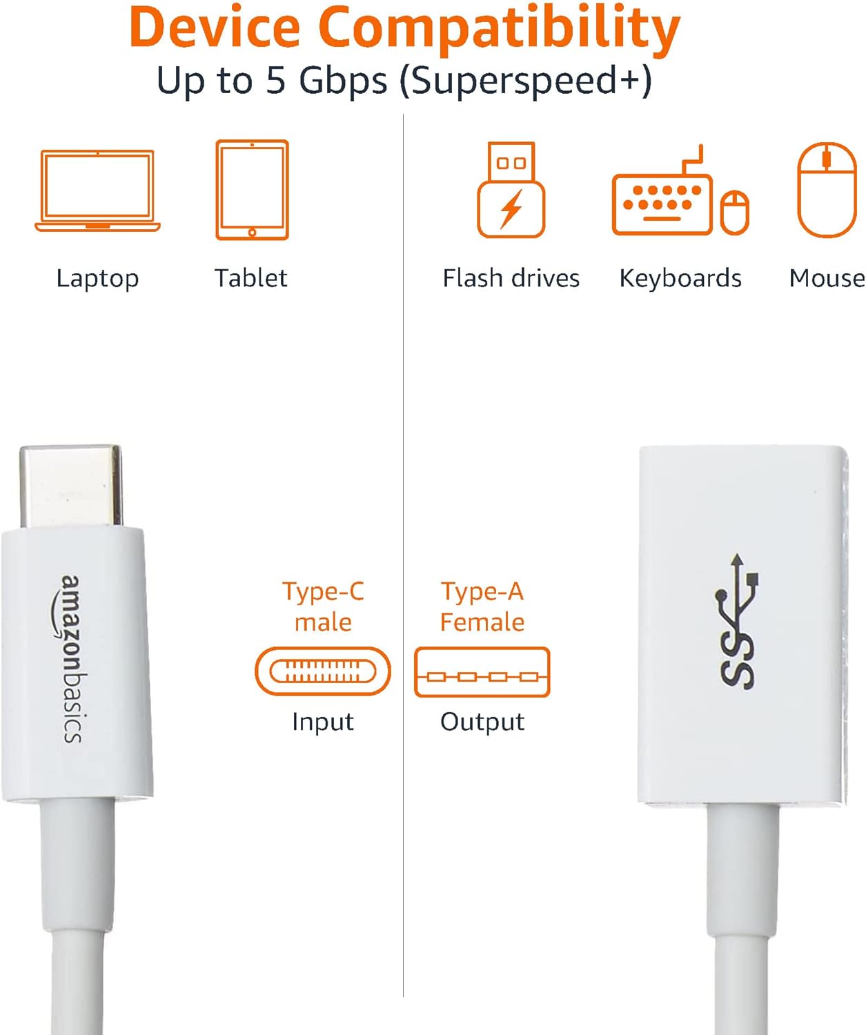 Detalle de Amazon Basics USB-C to USB-A 3.1 Gen1 Female Adapter Cable Converter (5Gbps) – 15W, USB-IF Certified