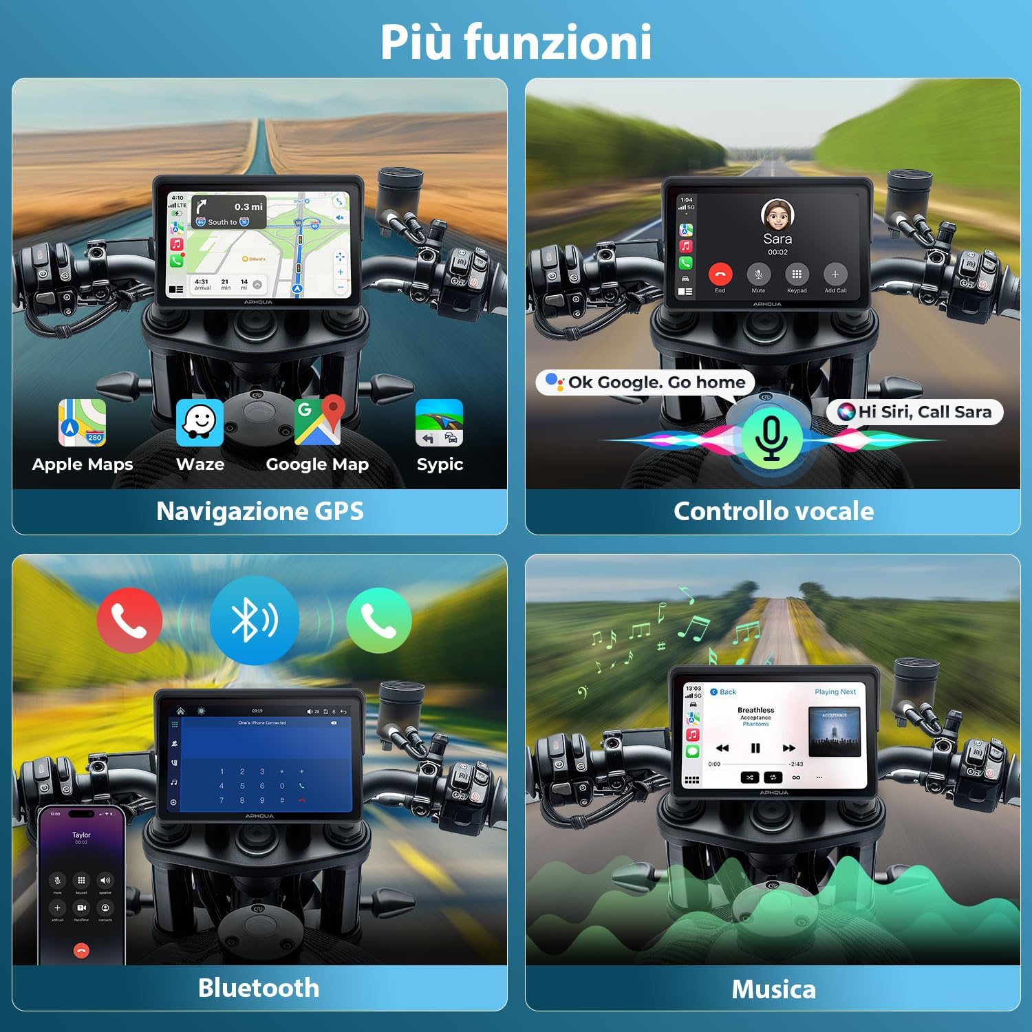 Thumbnail 4 de APHQUA A722 Schermo Moto 7" CarPlay wireless