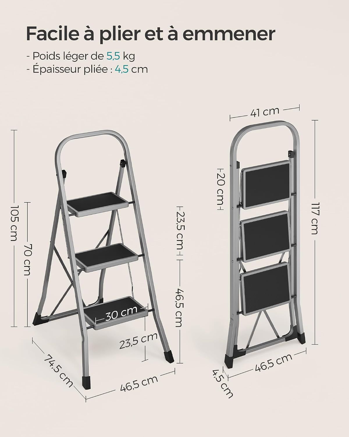 Detalle de SONGMICS Marchepied 3 Marches Pliable GSL003GY01 – Escabeau robuste et compact, gris tourterelle