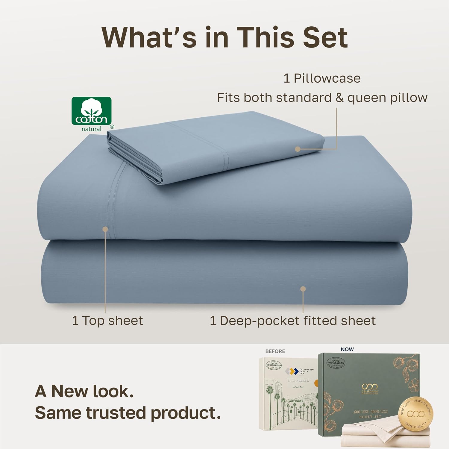 Detalle de California Design Den 840307139740 Twin Sheet Set, 600-Thread-Count Cotton Sateen
