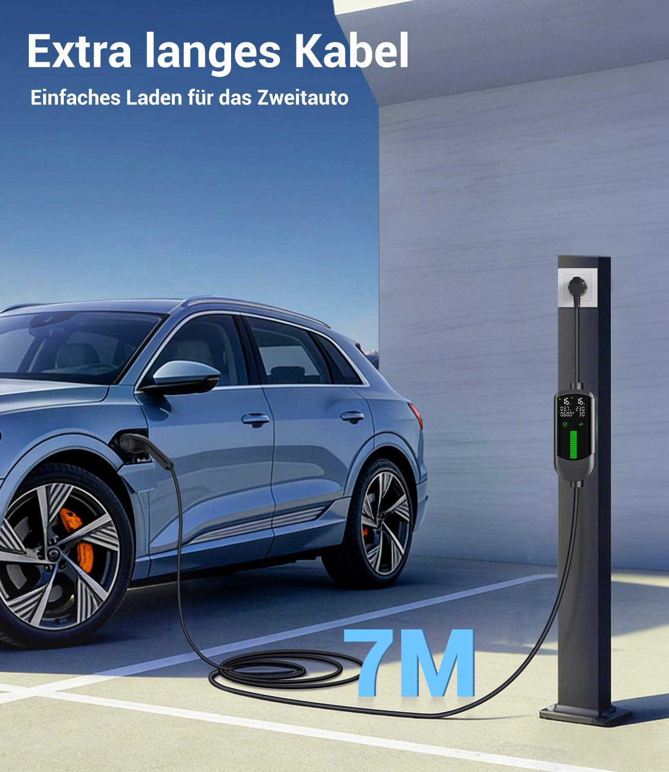 Detalle 2 de Typ 2 Ladekabel Schuko 3,7kW – 7 m, 1-phasig, IP65, LCD-Anzeige, 6–16 A, für alle EVs (IEC 62196-2) & PHEVs