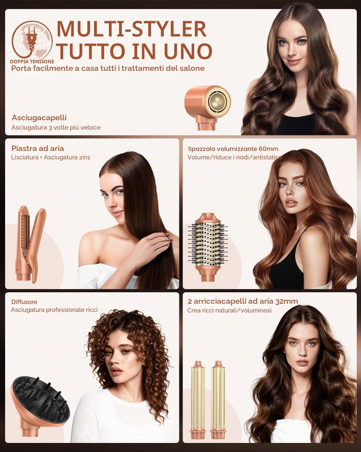 Detalle de webeauty Doppia Tensione 7 in 1 Multistyler con phon, spazzola, piastra, diffusore e 2 arricciacapelli (100–240 V)