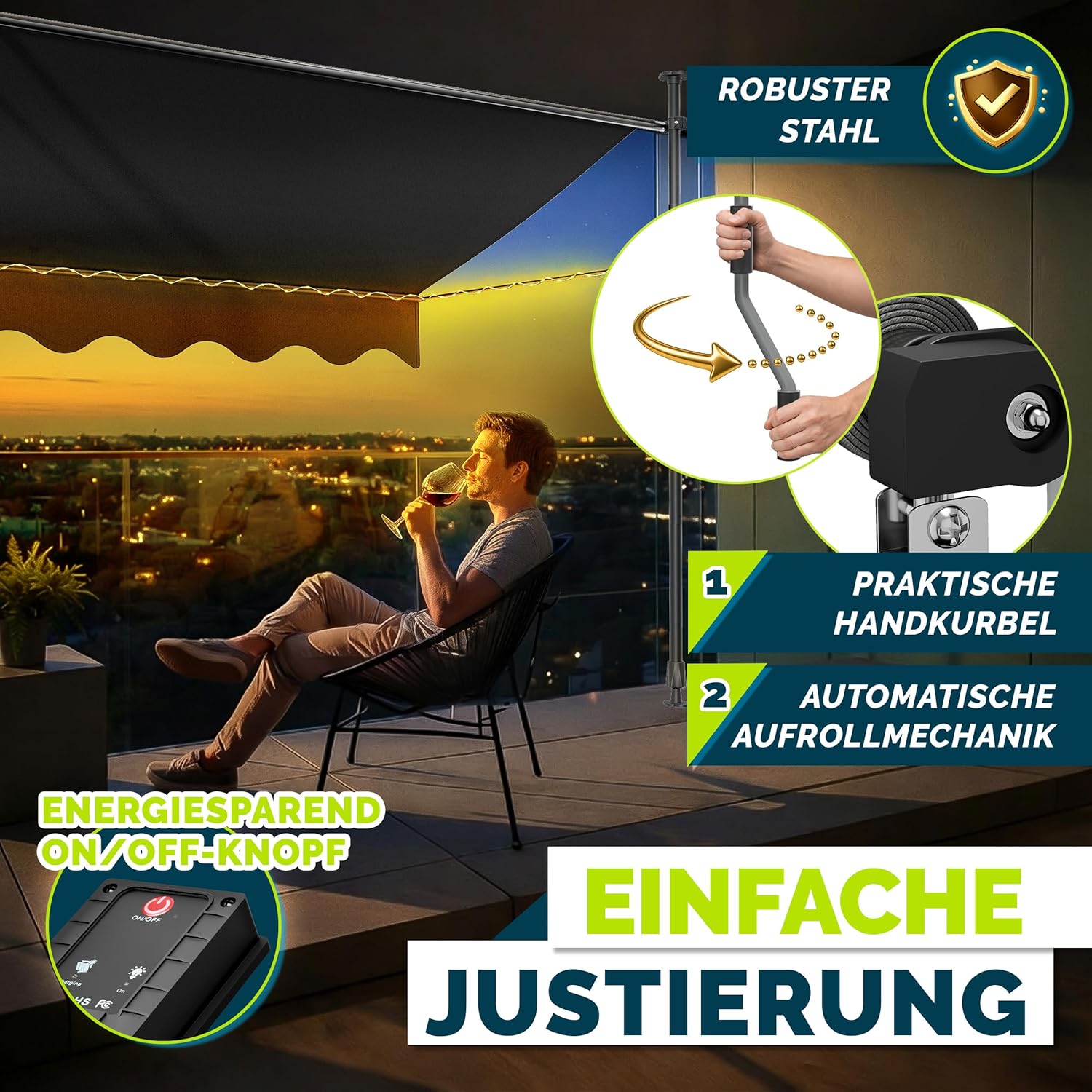 Thumbnail 4 de tillvex Klemmmarkise mit Handkurbel & LED Lichterkette – 250 cm, ohne Bohren, höhenverstellbar