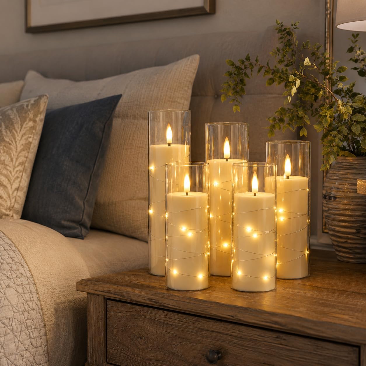 Detalle 2 de Da by 5 Candele LED Avorio con Luci Fatate – 5 pezzi con telecomando, vetro trasparente e fiamma tremolante