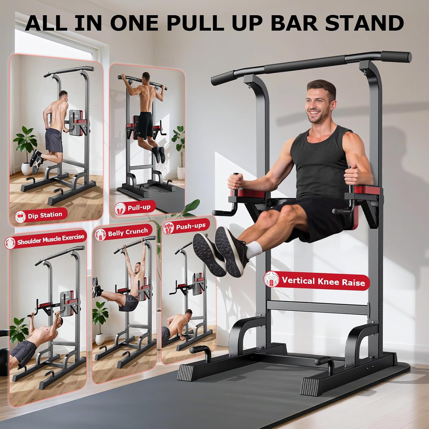 Detalle de pooboo Power Tower Dip Station, 11-Height Adjustable Home Gym