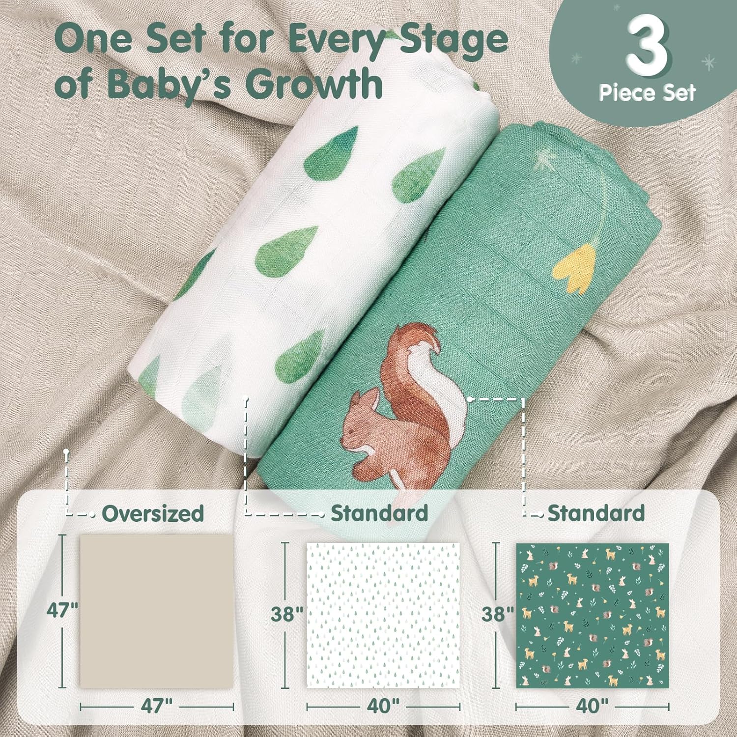 Detalle de hahaland 100% Bamboo Muslin Swaddle Blankets 3 Pack (1 Large 120x120cm + 2 Standard 100x100cm) in Green