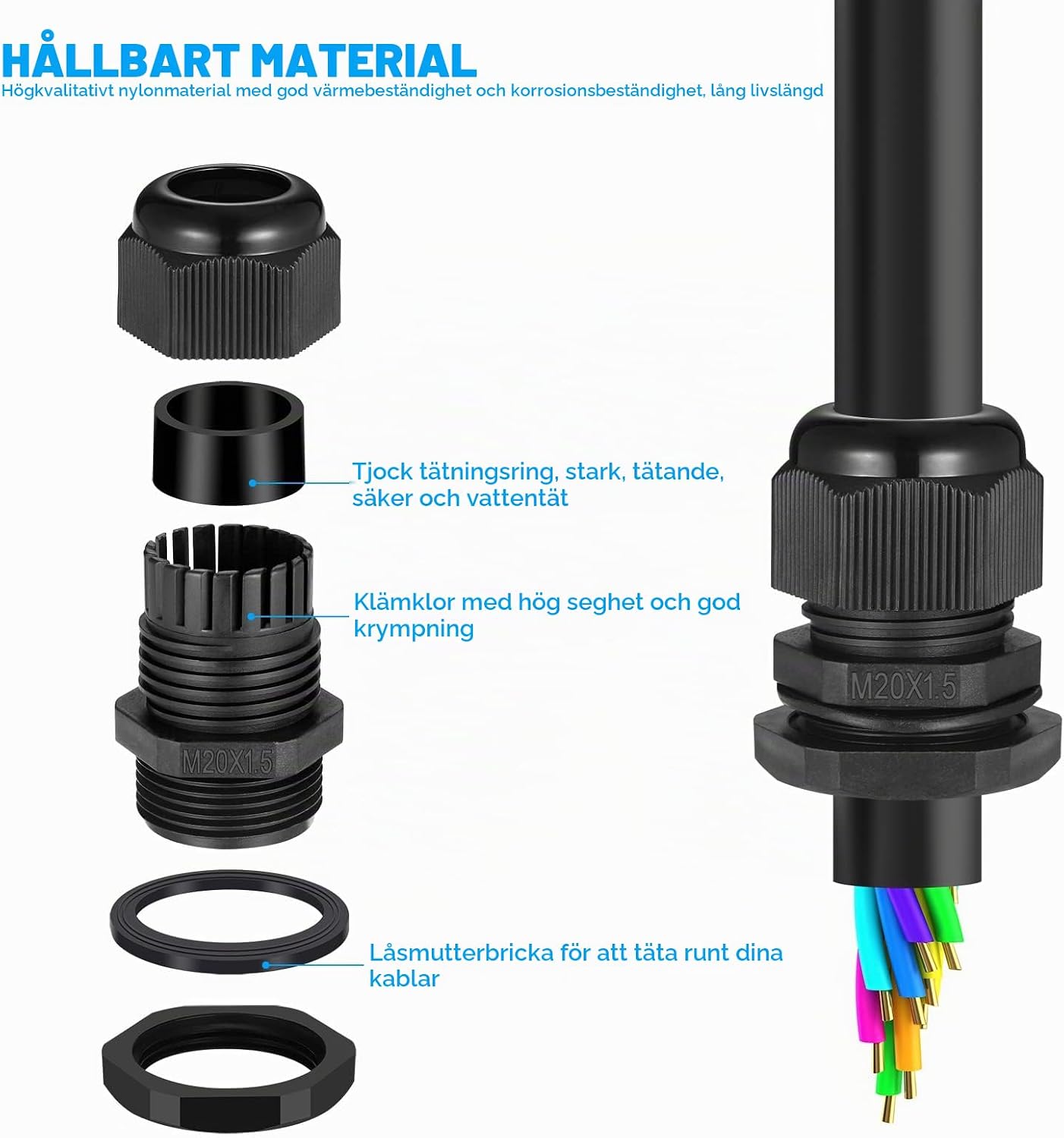 Detalle de Zocipro M20 kabelgenomföringar, 20-pack för 6–12 mm kabel, IP68, svart