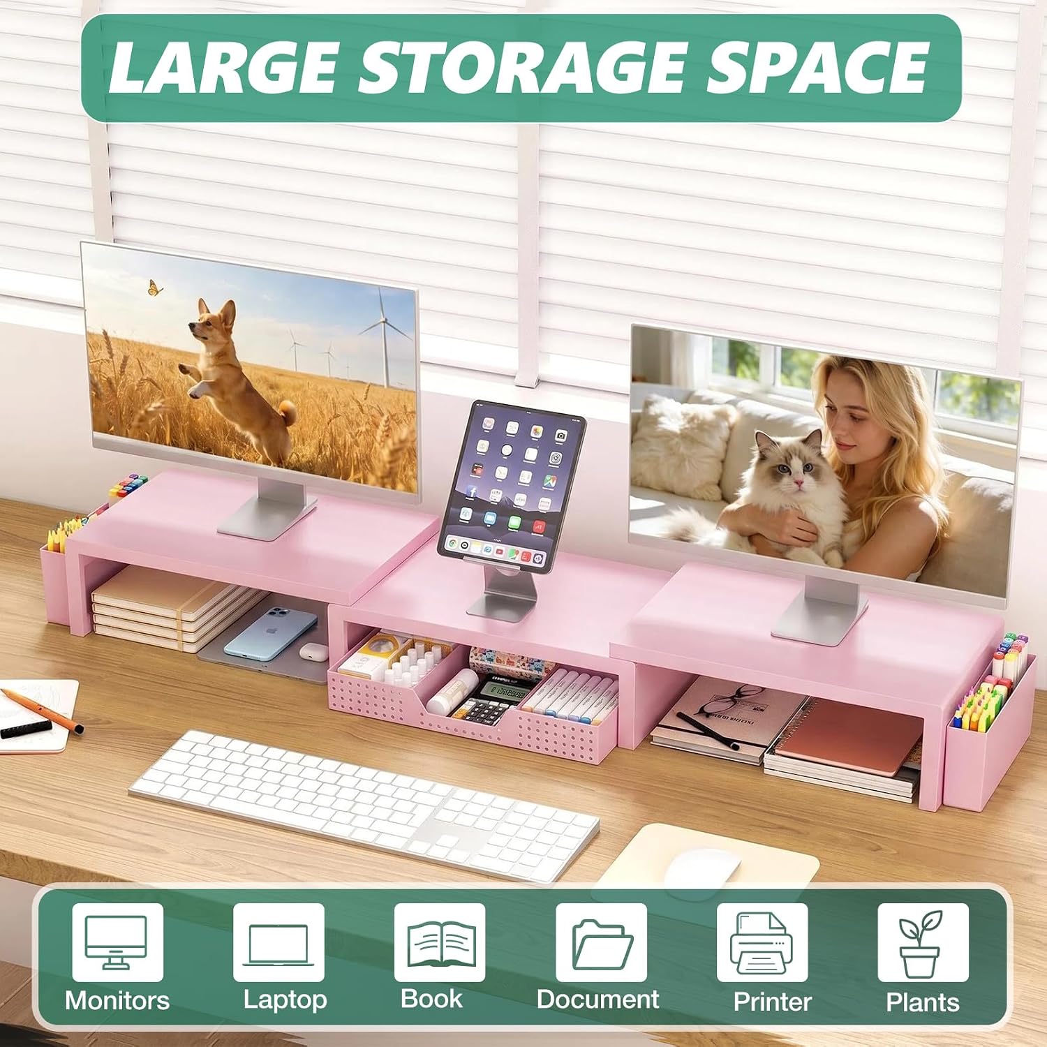 Detalle de OPNICE Pink Monitor Stand Riser with Drawer and 2 Magnetic Pen Holders