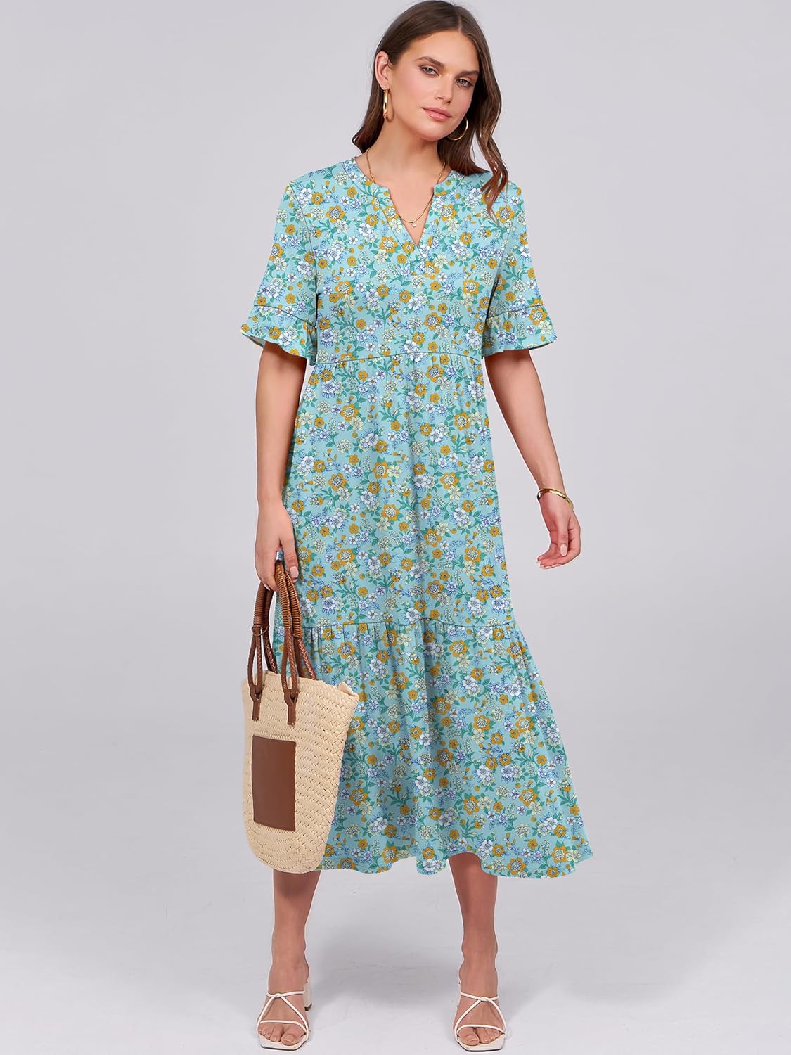 Thumbnail 2 de ANRABESS Women's Summer Maxi Dress: Casual Ruffle Short Sleeve V-Neck Boho Flow with Pockets