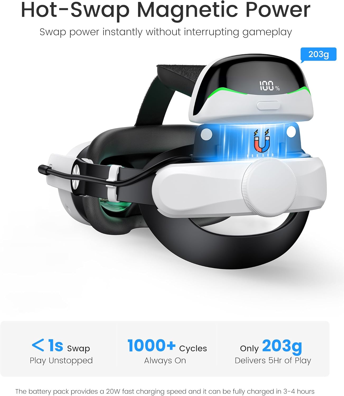 Detalle 2 de VR Head Strap with 10000mAh Battery for Meta Quest 3/Quest 3S/Quest 2: Comfort, Power, and Quick-Check Design