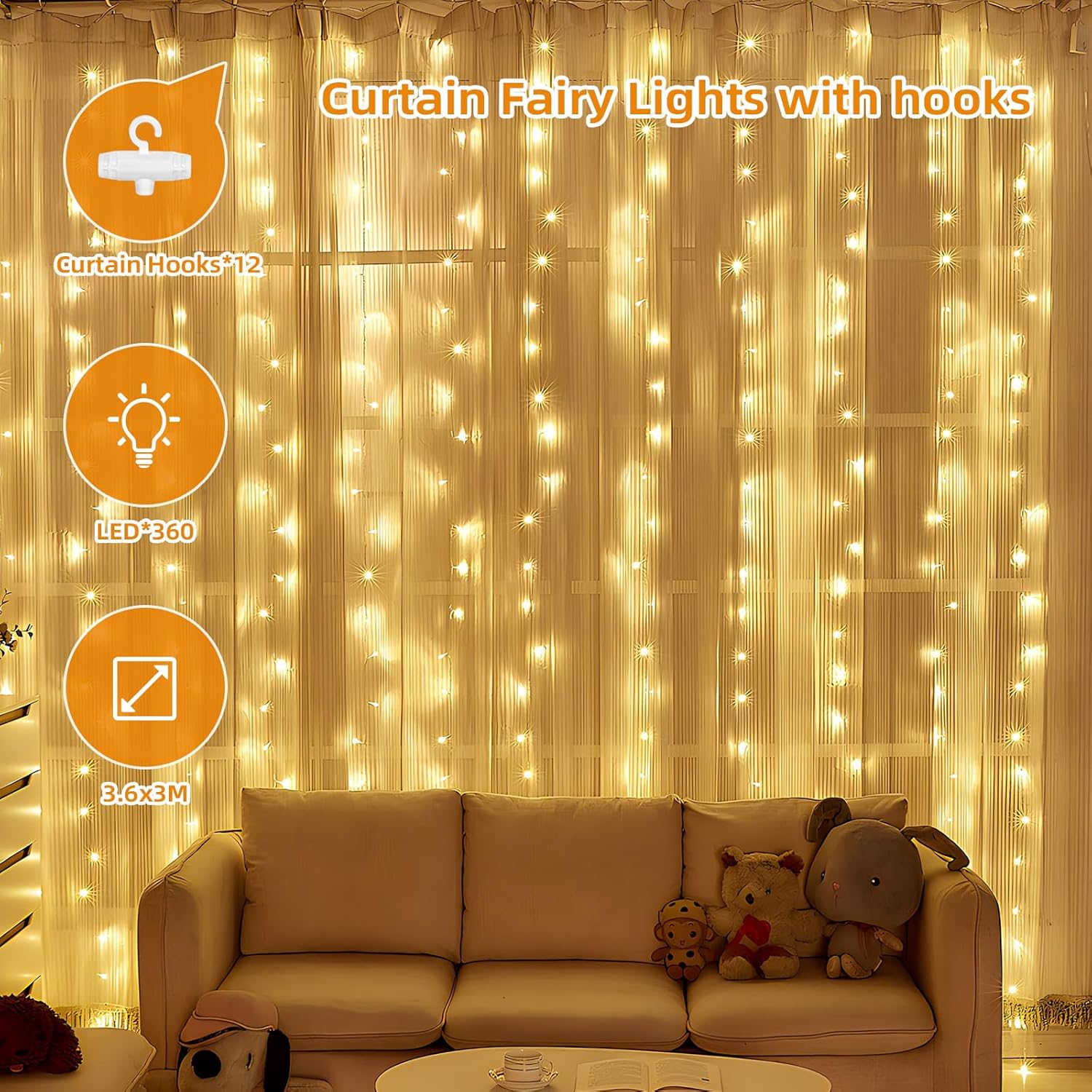 Thumbnail 1 de Jsdoin Curtain Fairy Lights 360 LEDs USB 8 Modes