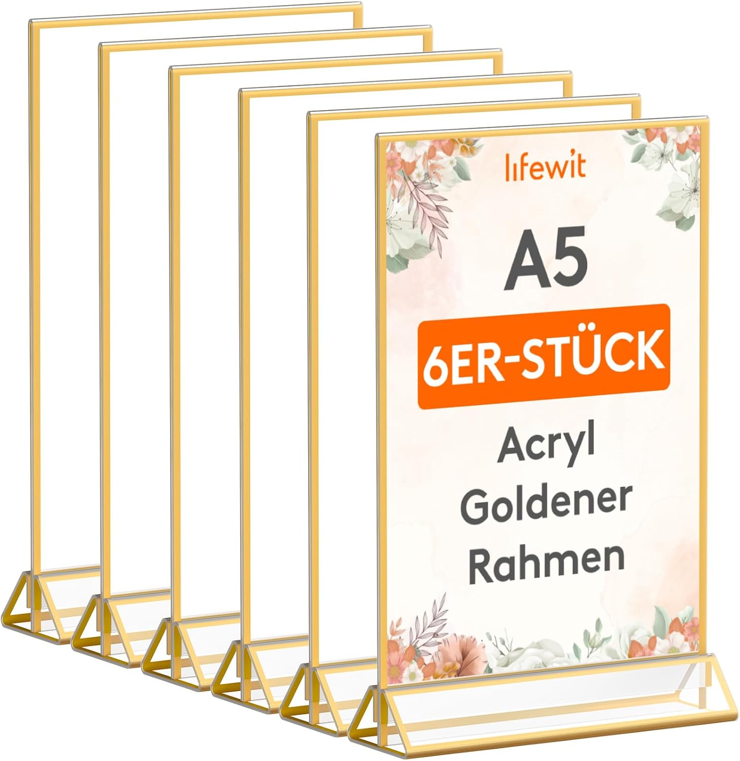 Detalle de Lifewit 6er Pack Tischaufsteller A5 aus Acryl mit goldenen Rändern (doppelseitig) – Menü- & Tischnummernhalter