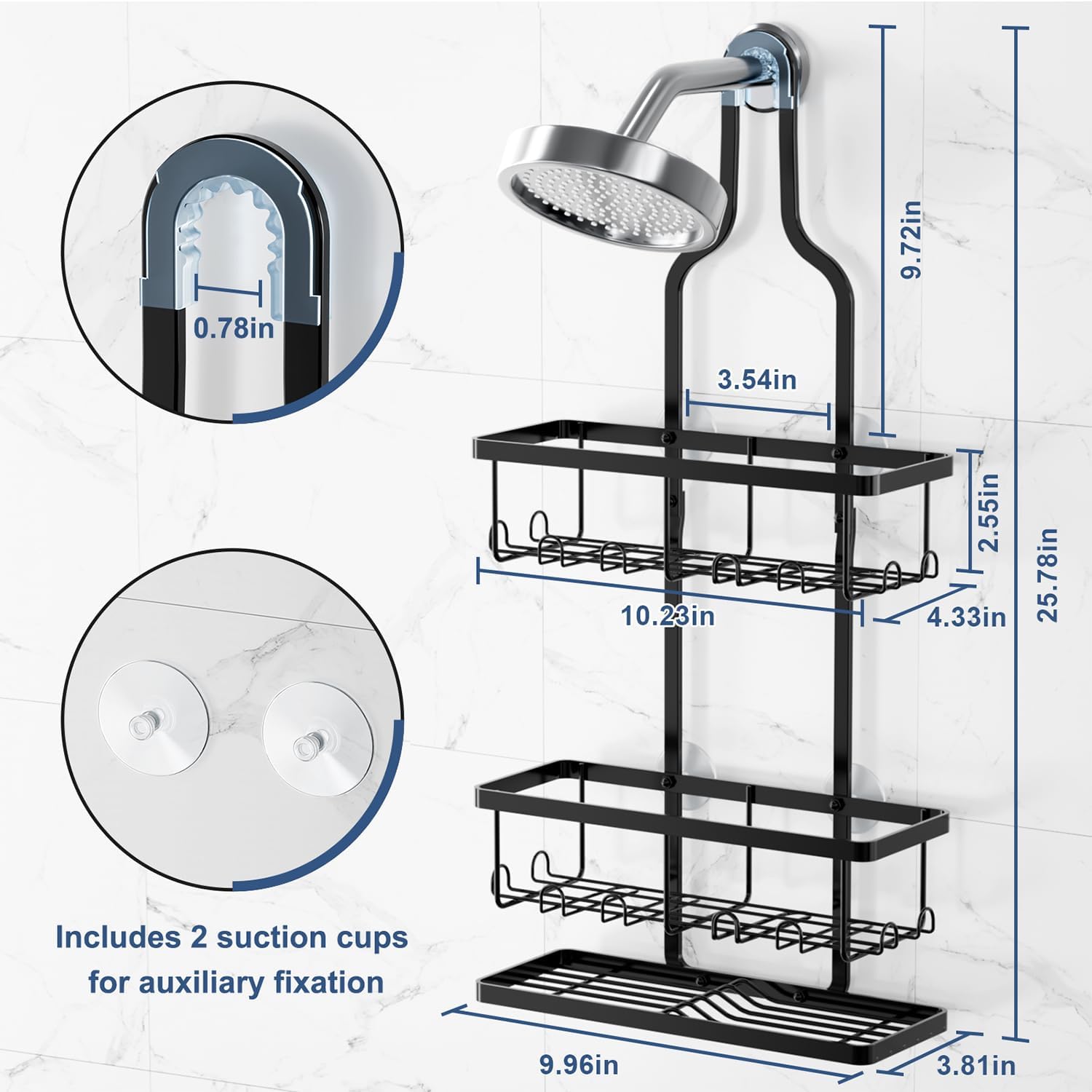 Detalle 2 de Ruhetfam Shower Caddy Hanging Stainless Steel Organizer, 3 Baskets, 16 Hooks