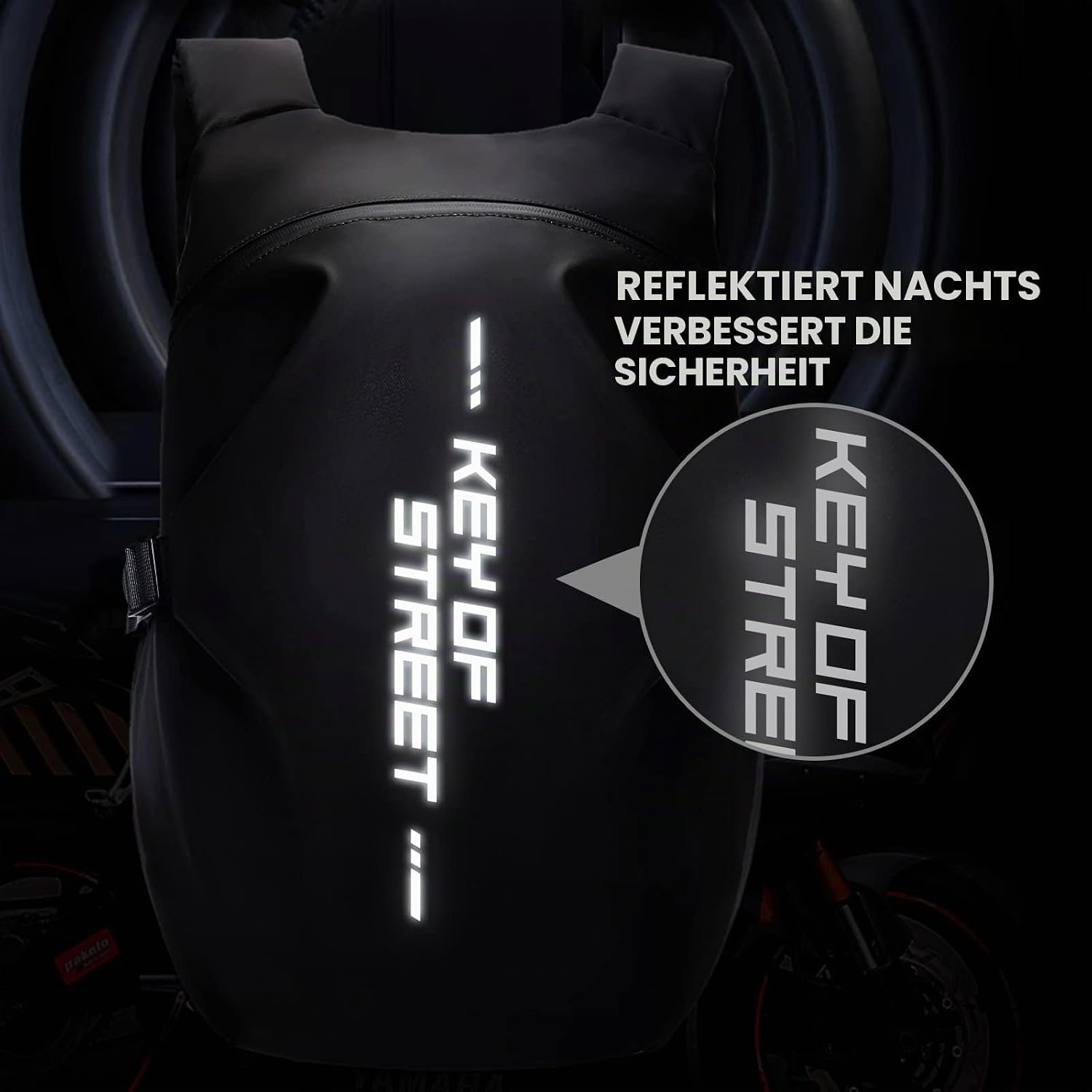 Detalle de HYC00 Motorradrucksack für Herren (wasserdicht) – Helmrucksack mit reflektierenden Streifen