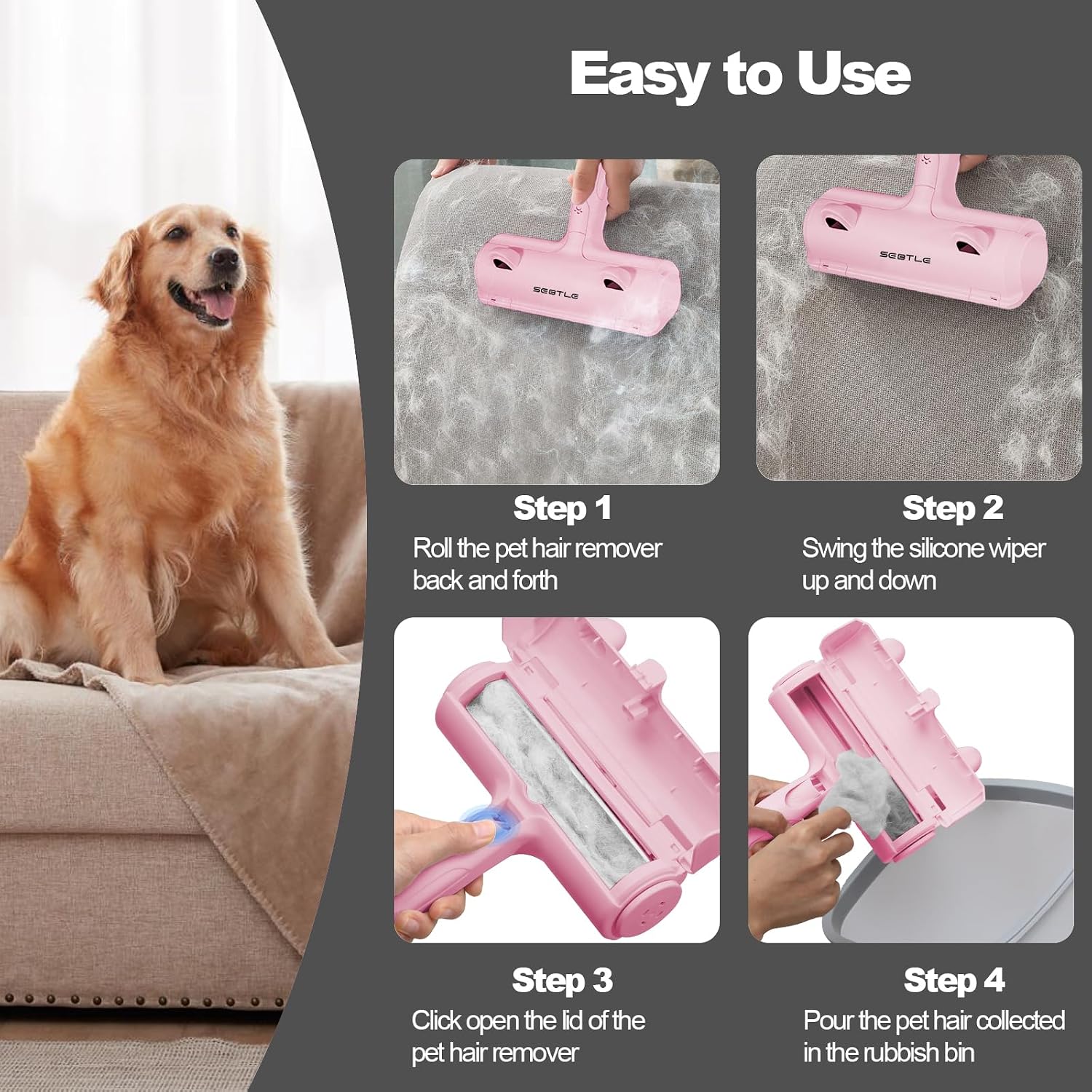 Thumbnail 2 de Sebtle Pet Hair Remover Roller (Pink) – Reusable Fleece-Force Brush for Pets