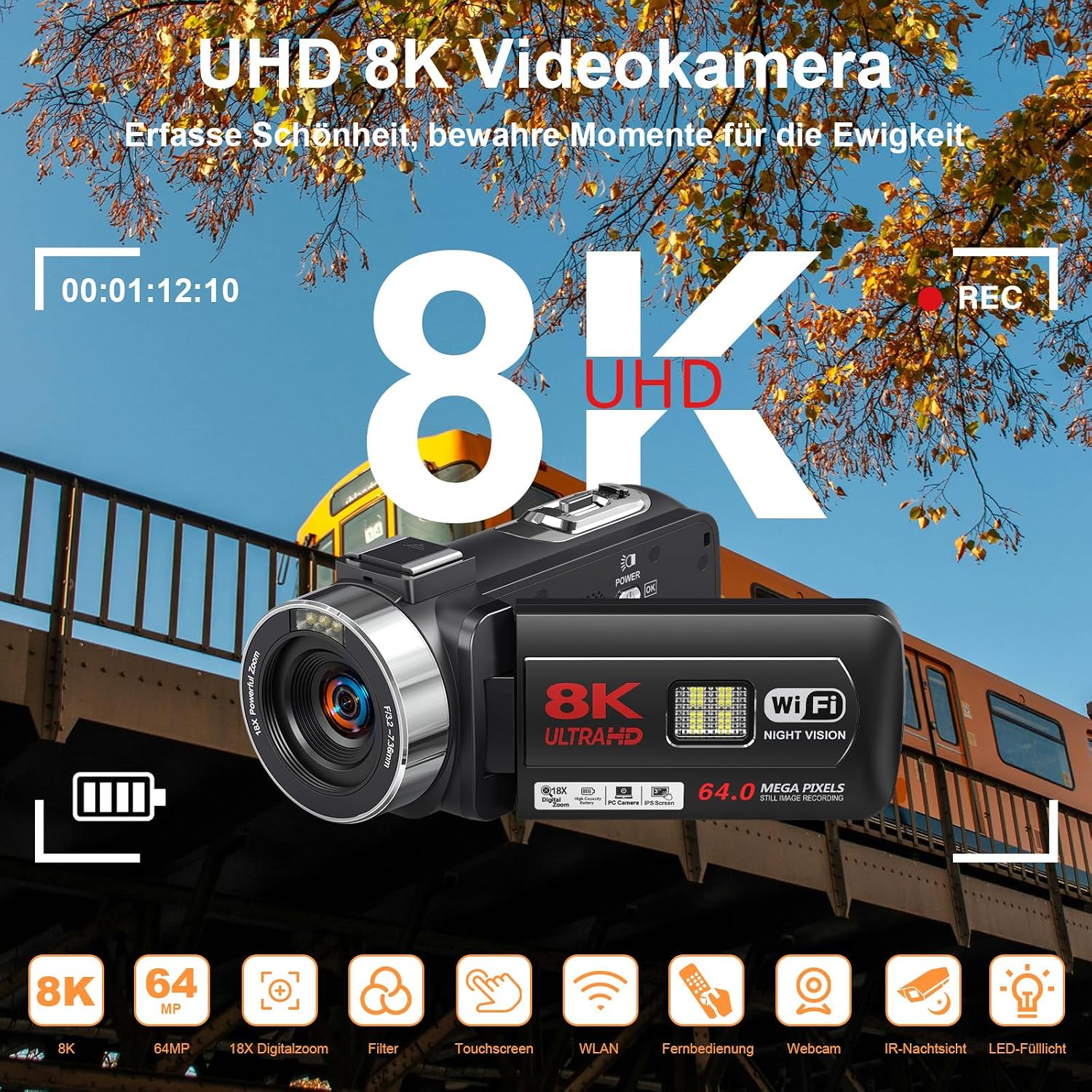 Detalle de Videokamera Camcorder 8K 64MP WiFi mit IR-Nachtsicht, 18x Zoom, Vlogging-Kamera – inkl. 64GB SD, 2 Akkus, Mikrofon & Fernbedienung