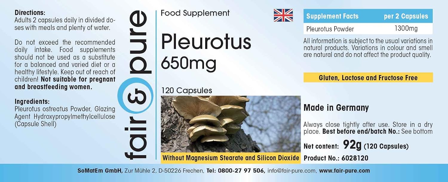 Detalle de Fair & Pure Pleurotus 650mg – Vegane Austernpilz-Kapseln, 120 Stück, in Deutschland hergestellt