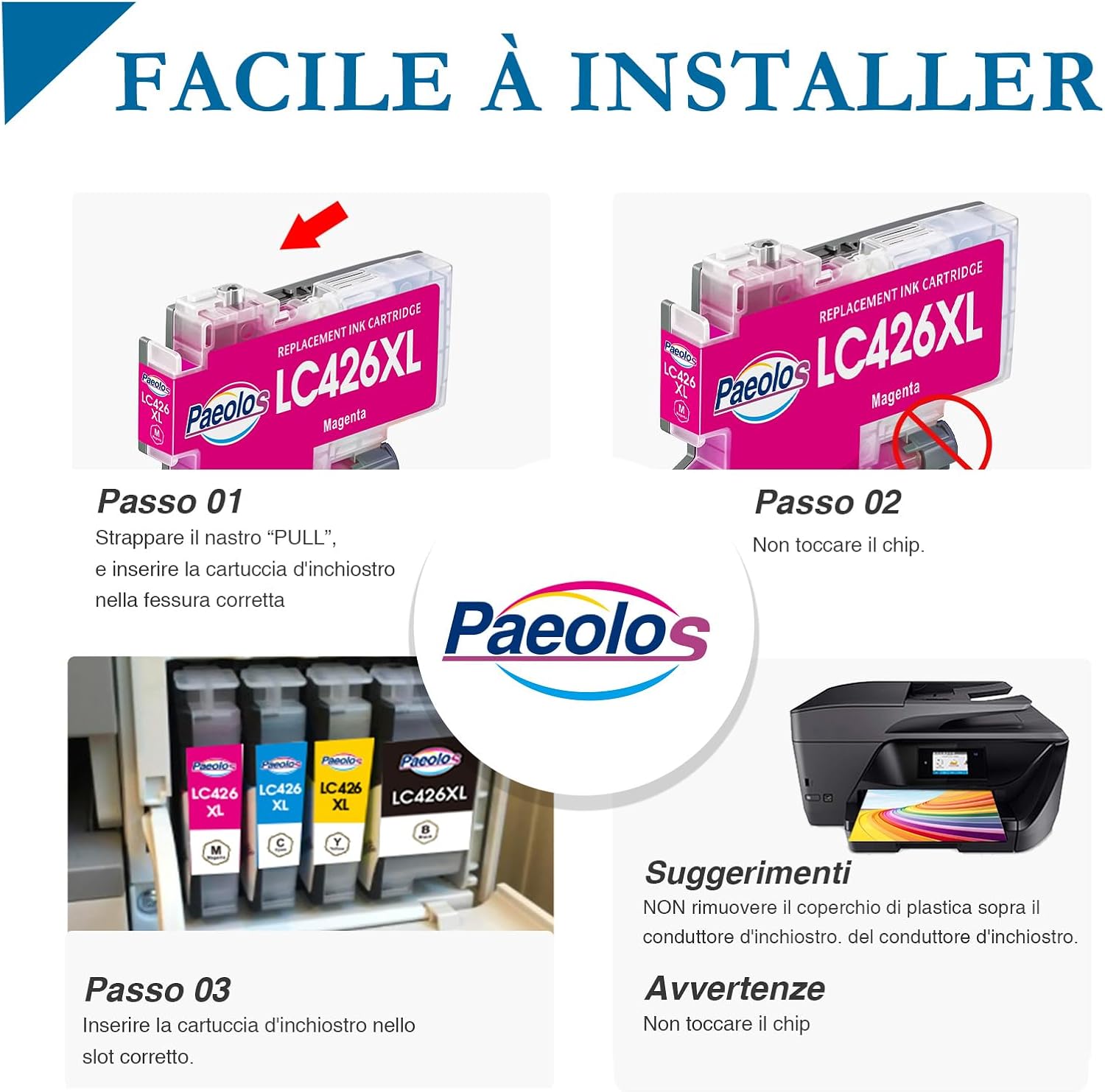 Detalle de Cartucce d'inchiostro Paeolos LC426XL XL Pigment – Multipack per Brother MFC J4335/J4340/J4535/J4540 (Nero/Ciano/Magenta/Giallo)