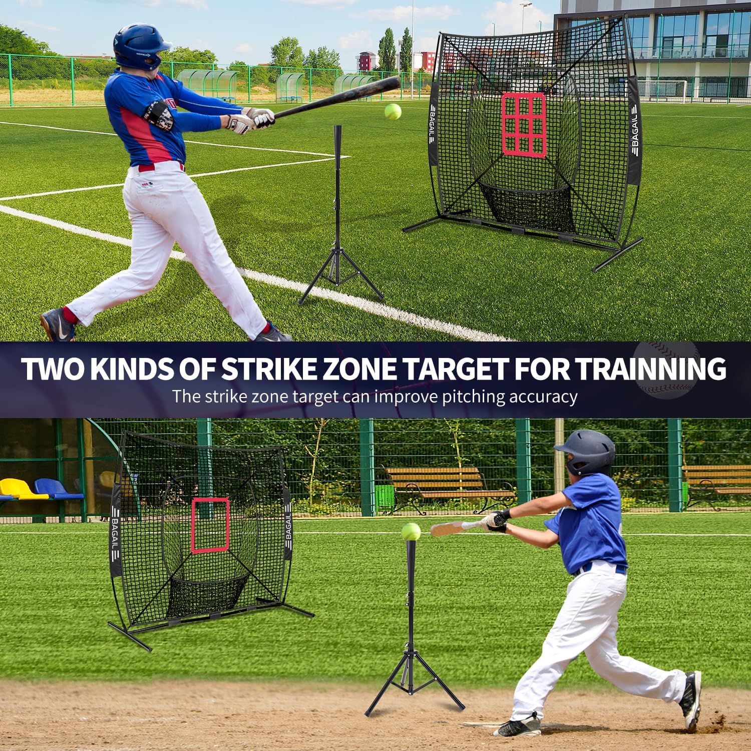 Detalle 2 de BAGAIL BN03-Black Baseball & Softball Training Net, 7x7 ft with Tee and 2 Strike Zones
