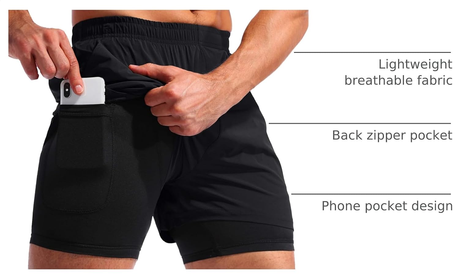 Detalle de Pudolla Men’s 2 in 1 Running Shorts 5" with Quick-Dry Fabric and Phone Pockets