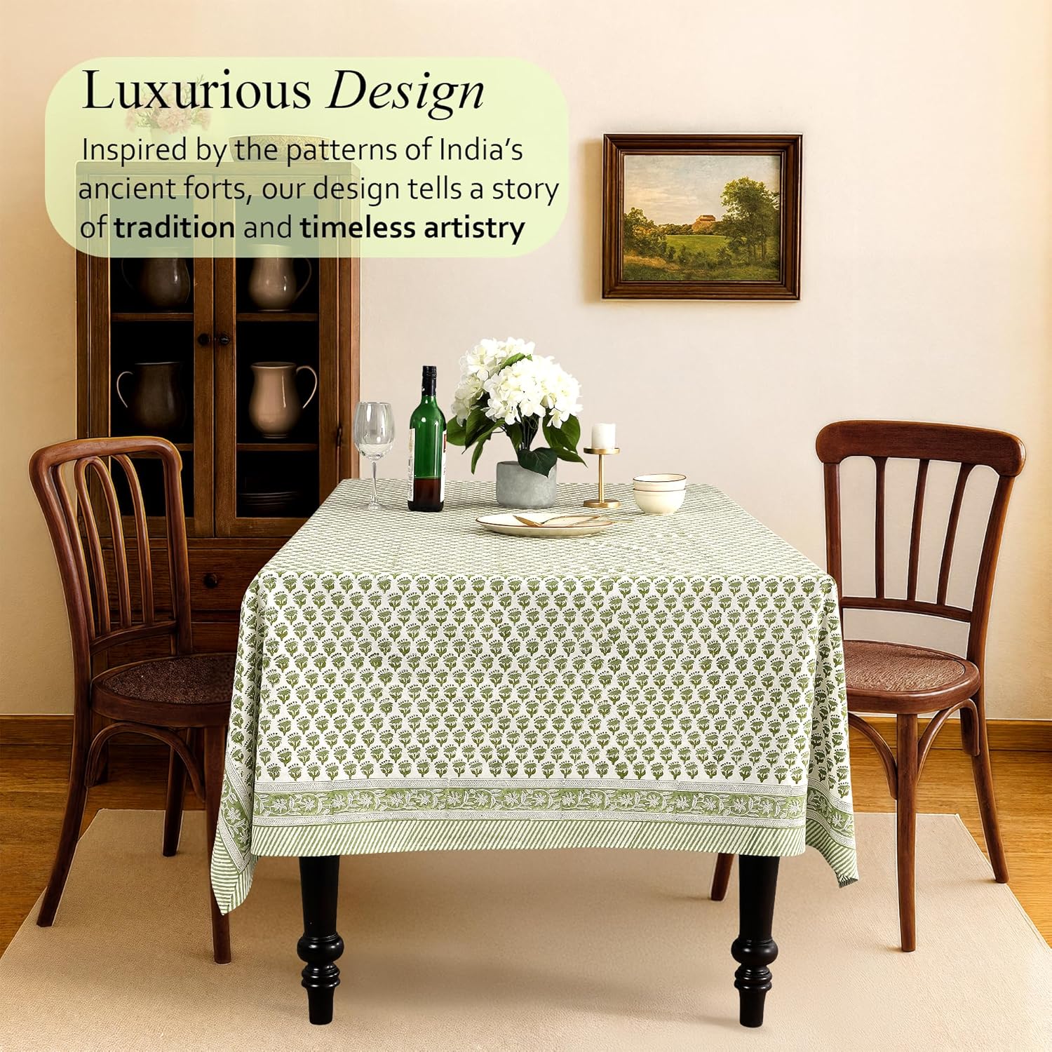 Detalle 2 de CPC Tablecloth 100% Cotton 72x140 Inch Emerald Green Indian Block Print Rectangle Table Cover