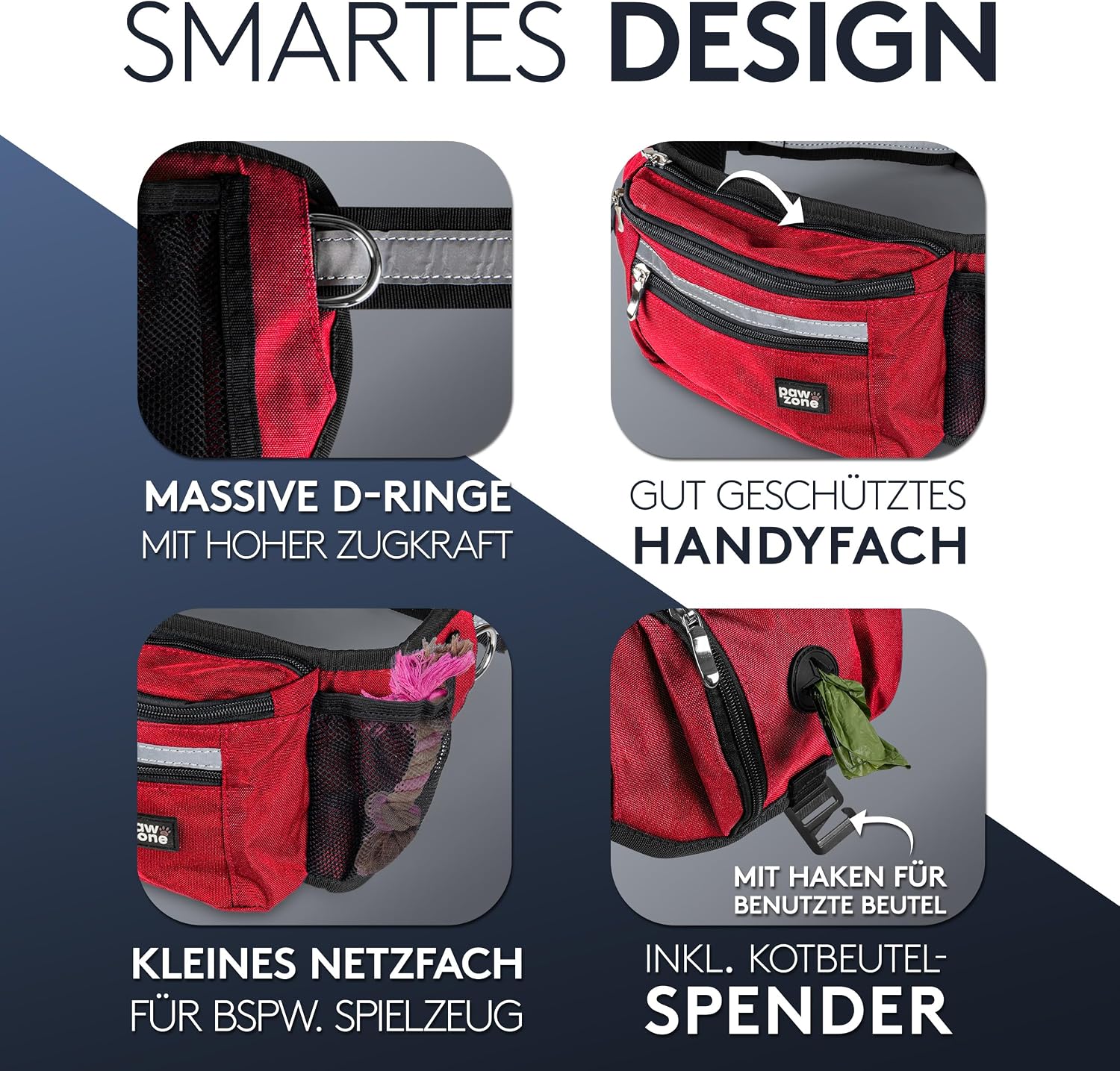 Detalle de PAWZONE Leckerlibeutel für Hunde mit Bauchtasche, Reflektorband & Zusatzgurt für Flexileine (Feuerrot)