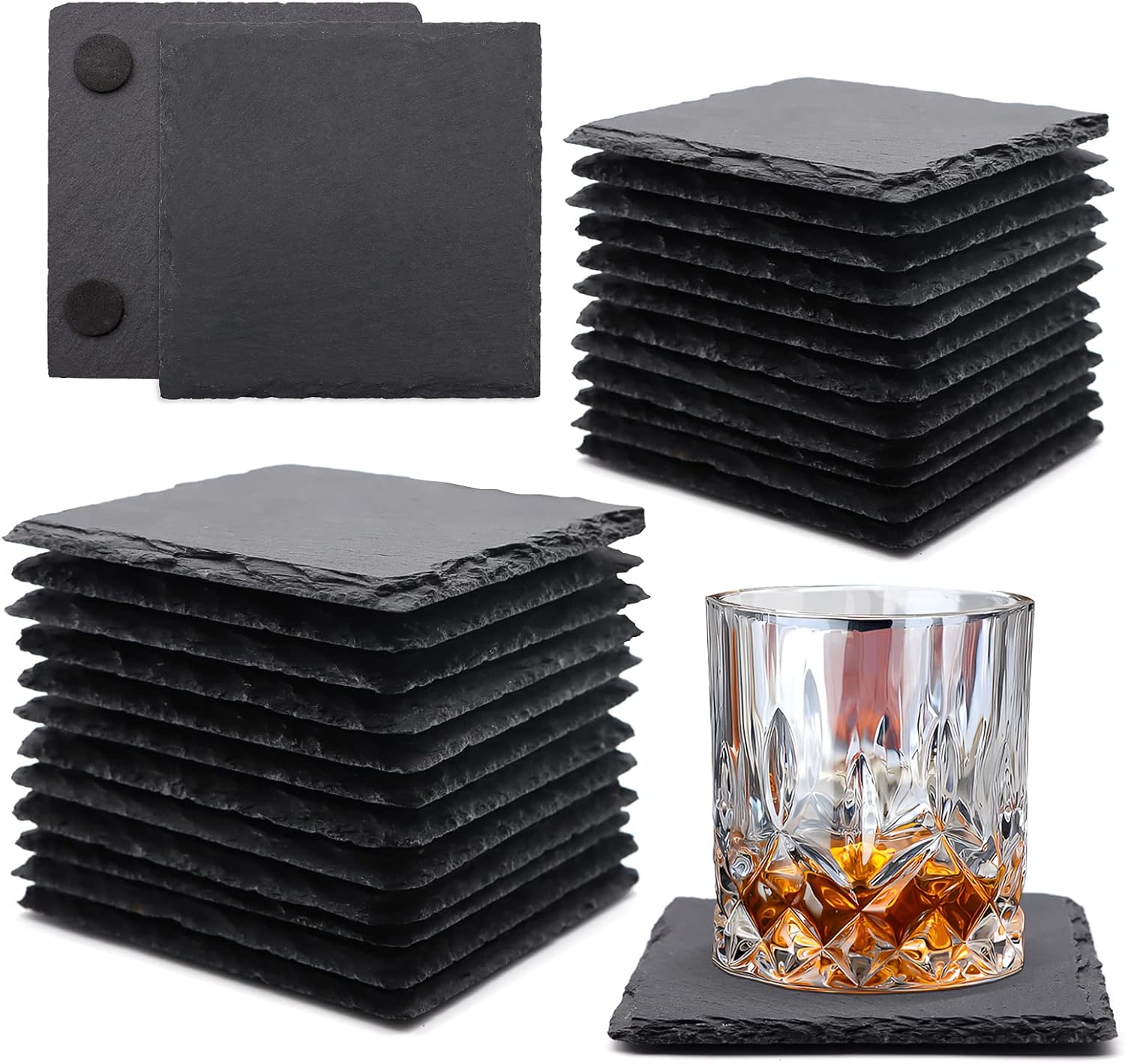 VIBRATITE 24 quadratische Schiefer-Getränkeuntersetzer (10,2 cm) – schwarzer Naturschiefer für Bar, Küche & Deko
