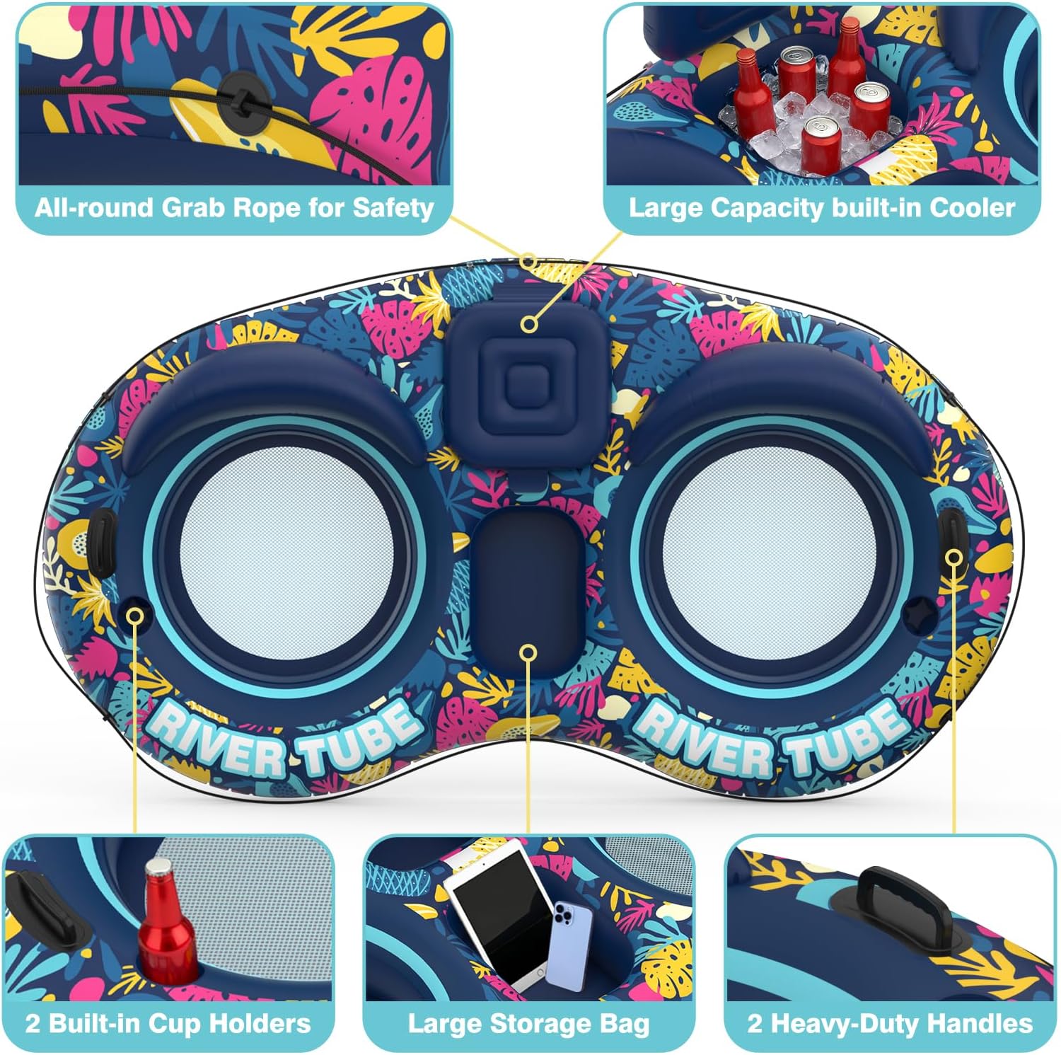 Thumbnail 2 de POVRYE Pool Floats Adult 2-Person Inflatable River Tube with Built-In Cooler & Cup Holders