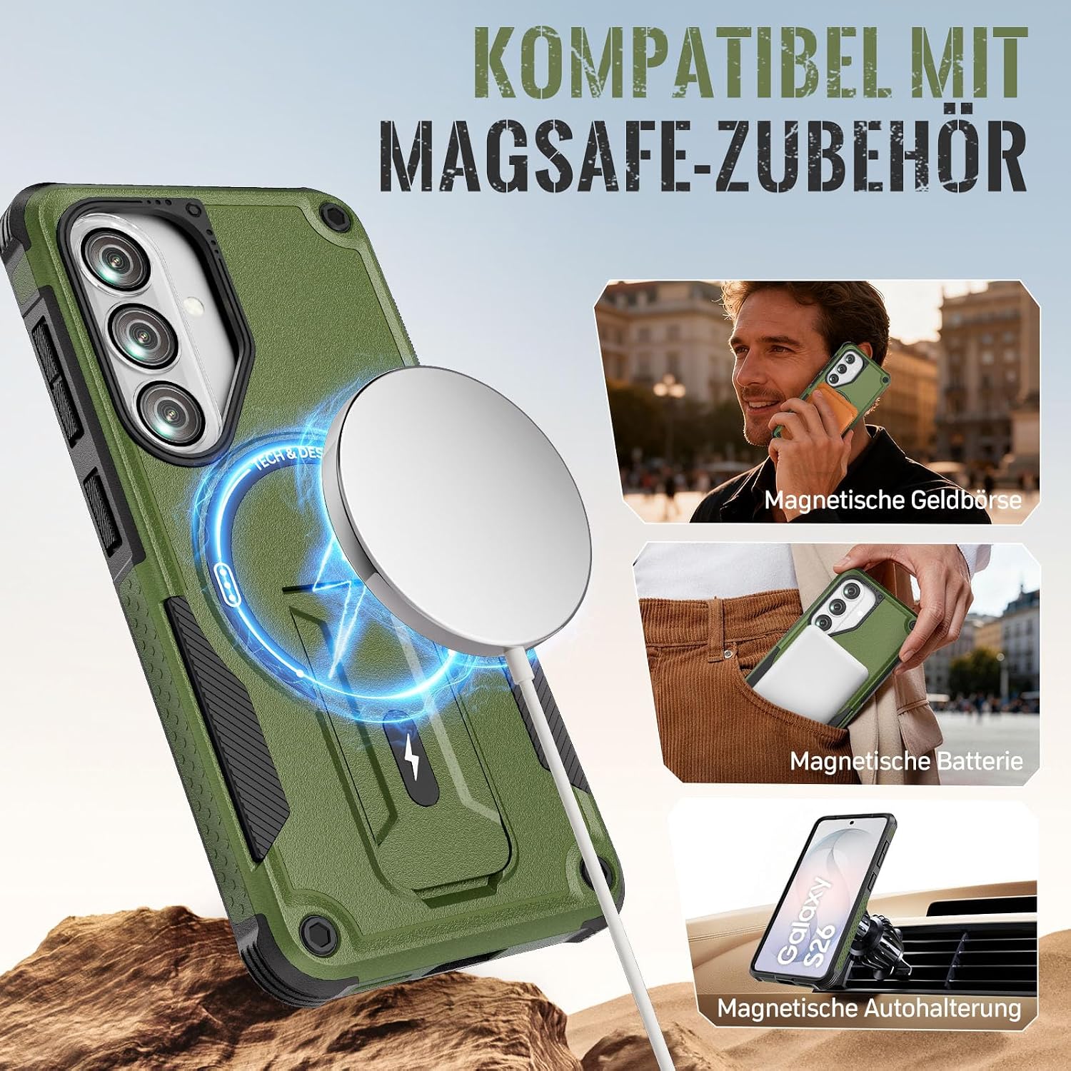 Detalle 2 de Leedia Magnetische Hülle für Samsung Galaxy S26 – Dual-Layer Schutz mit verstecktem Ständer, 2 Displayschutzfolien & 2 Kameraschutz, Grün